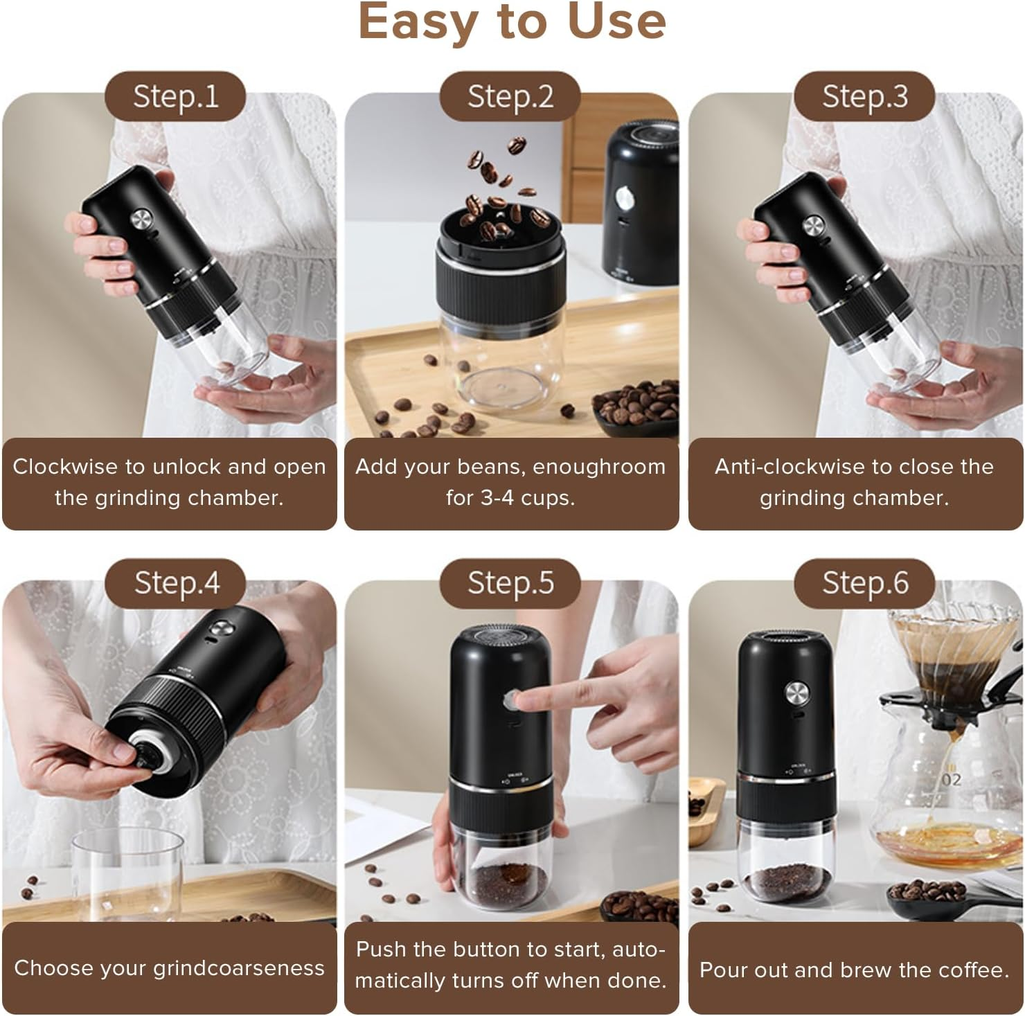 Yakiter Portable Electric Burr Coffee Grinder, Upgraded Version Rechargeable Coffee Bean Mill with Adjustable Precision Grinding, One Touch Button Push Button Operation with Brush(Black) image number 6