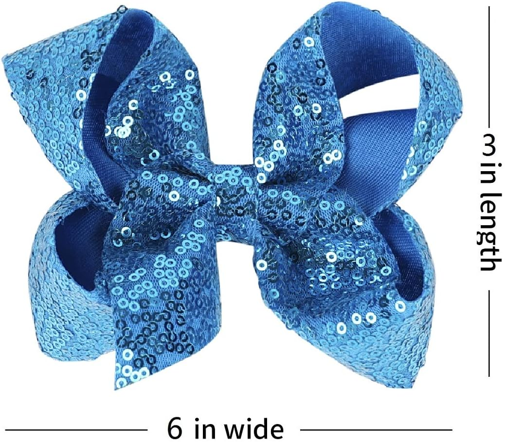 6 Inch Blue Sparkly Glitter Sequin Hair Bows for Girls Toddlers Kids Children Teenage (2PCS) image number 6