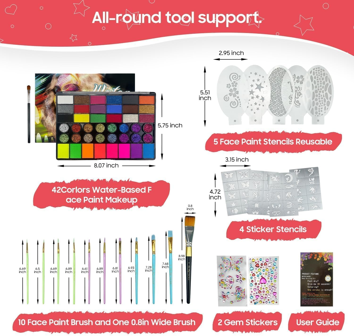 Professional Face Painting Kit (42 Color) for Kids Adults, Non Toxic Water Activated Face Paint Palette with Stencil One Stroke Split Cakes Palette Rainbow Flora Dolphin Unicorn Flame Body Paint image number 5