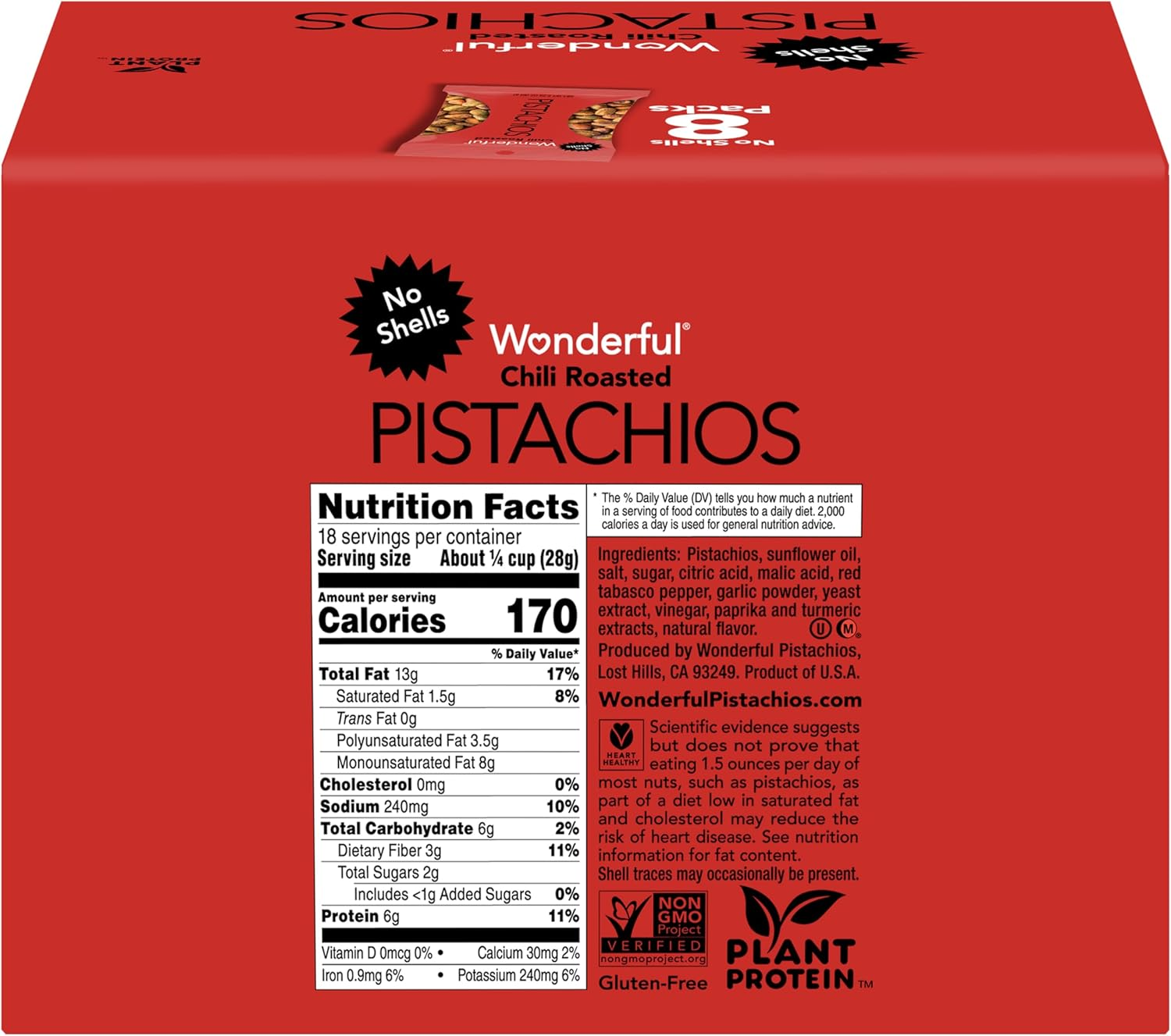 Wonderful Pistachios, No Shells, Chili Roasted Nuts, 2.25Oz (Pack of 8)