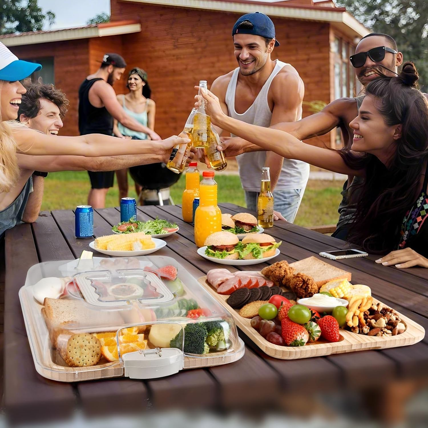 Portable Charcuterie Boards, Cheese Board Bamboowith Locking Lid,Handle and Compartments,Cheese Platter, Bamboo Cutting Board for Kitchen, Picnic, Camping, Party image number 5