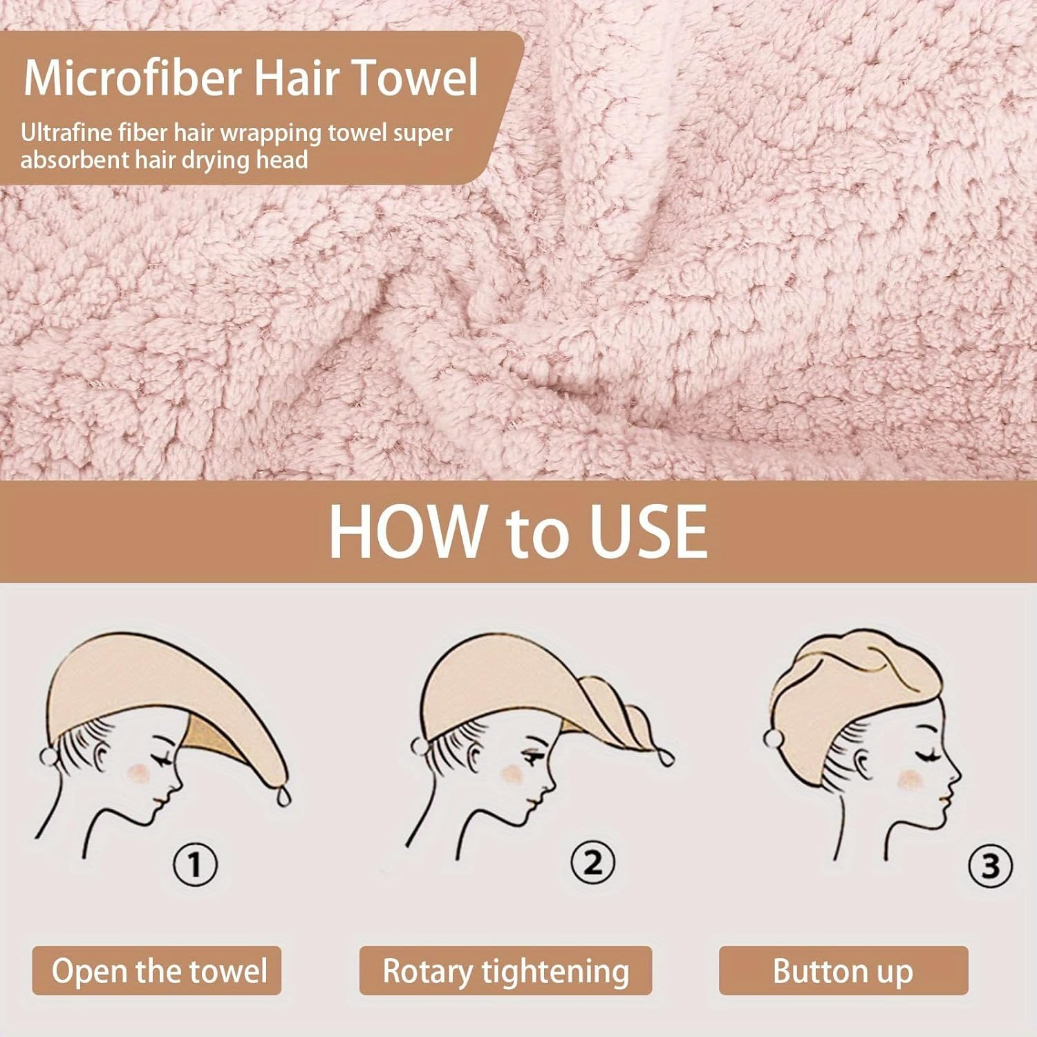 Microfiber Hair Towel Wrap, Super Absorbent Twist Turban for Women Fast Drying Hair Caps with Buttons for Drying Curly, Long & Thick Hair, Microfibre Hair Towel Pink image number 5
