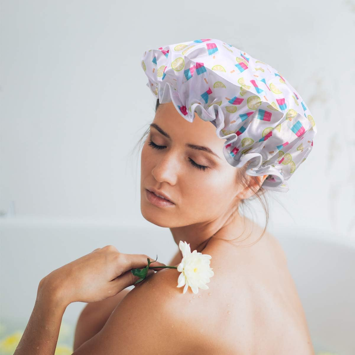 2Pcs Protective Cap Bathroom Accessories Hair Hair Cap Bathing Hat Shower Cap Double Layer Shower Cap Miss Waterproof Cap Waterproof Caps Printing Baking Oil image number 4