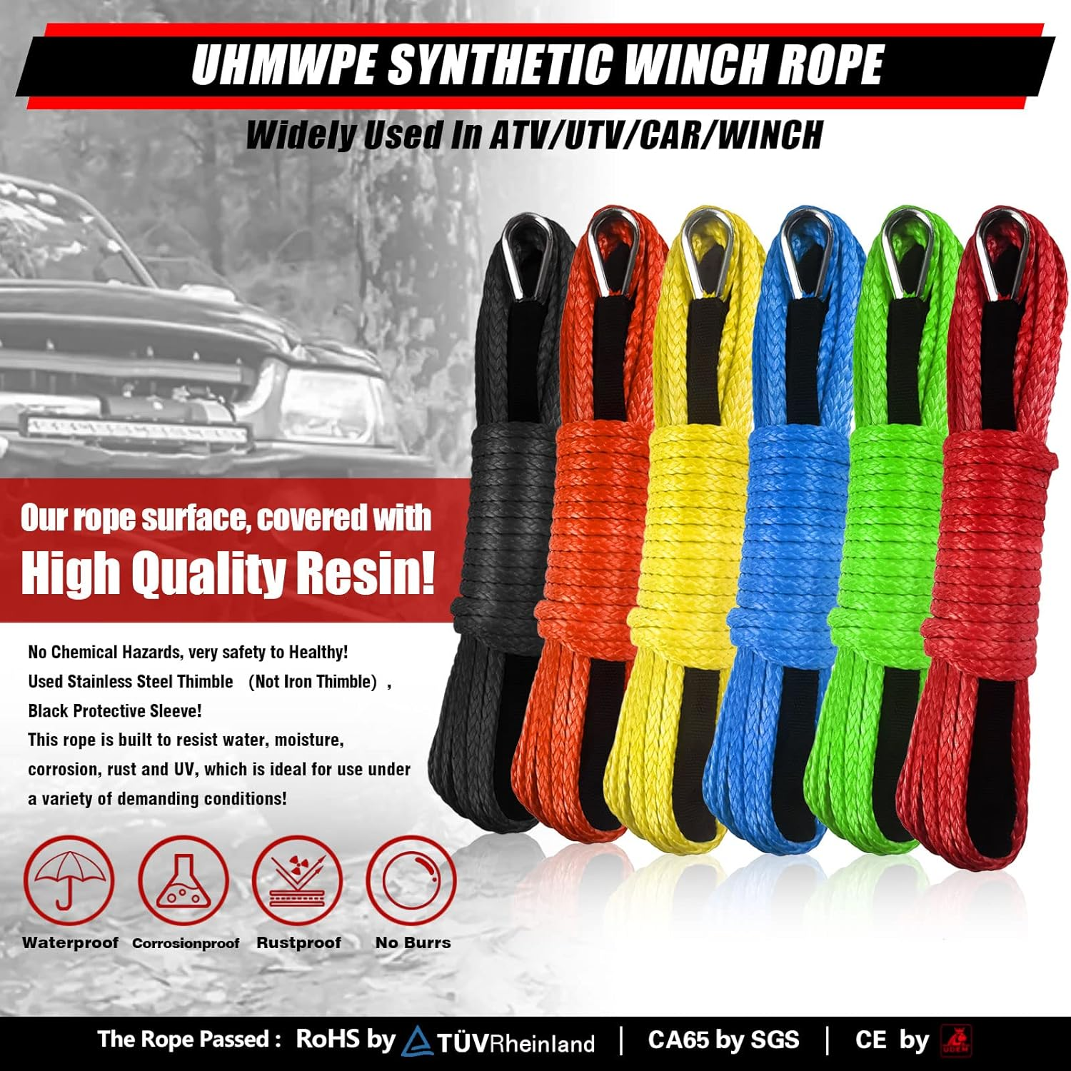 TOUGH 1/4" X 50 Ft 10,000Lbs Synthetic Winch Line Cable Rope with Black Protecing Sleeve for ATV UTV Winches Truck Boat (Orange, 1/4" X 50 Ft) image number 2