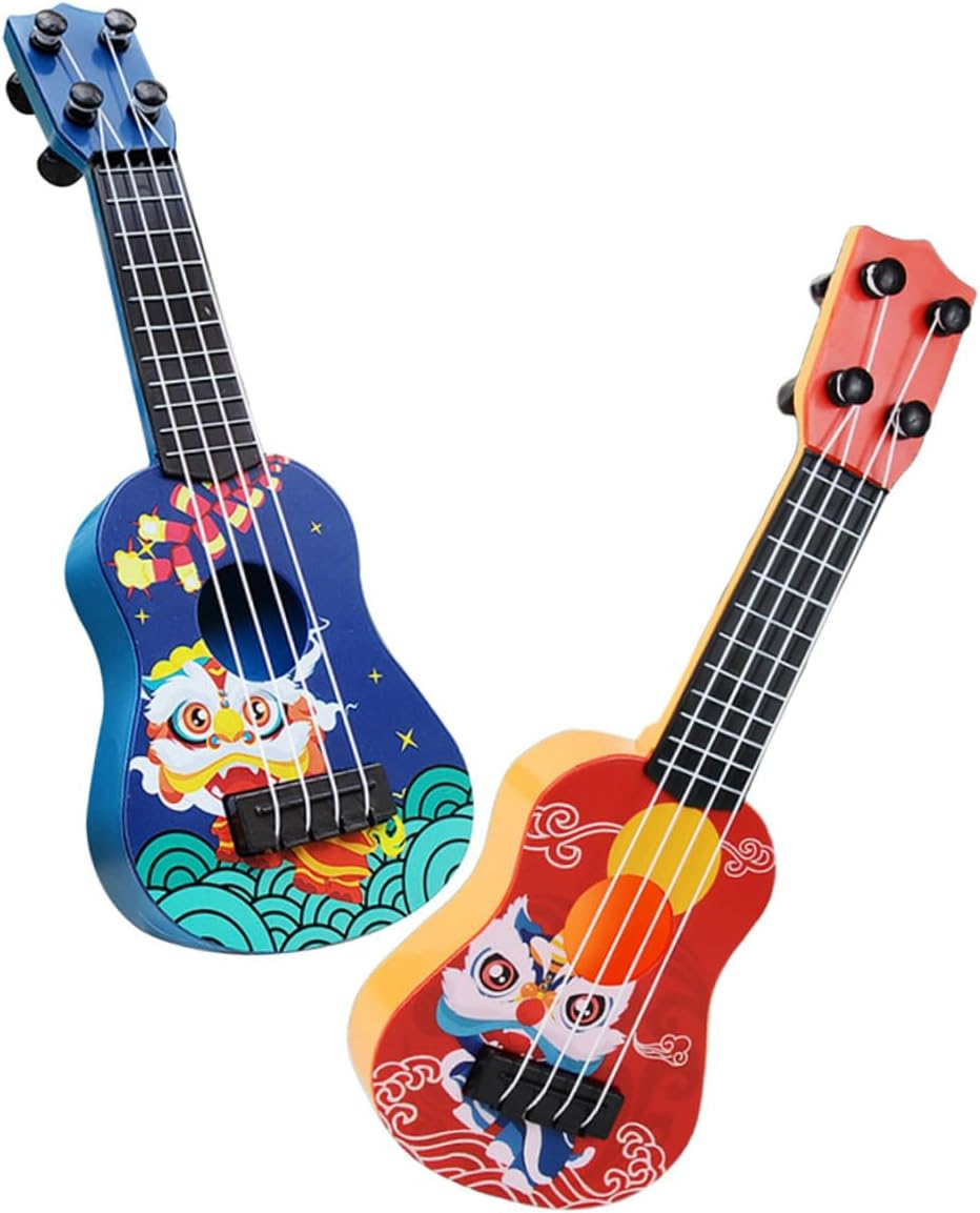2Pcs Ukulele Cartoon Mini Guitar Model for Beginners Ages Smooth Surface Musical Instrument Educational Plaything in Red and Blue image number 1