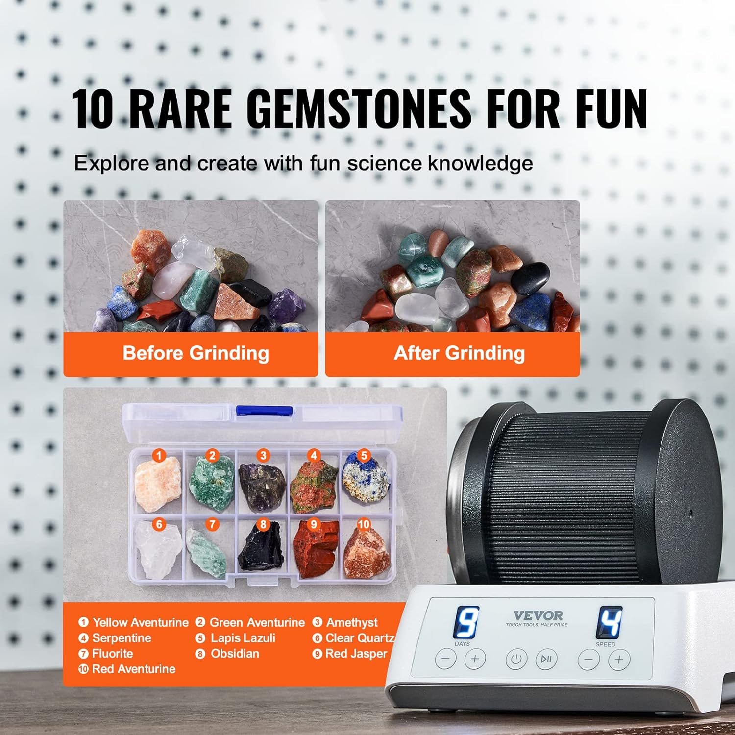 VEVOR Direct Drive Rock Tumbler Kit, 4-Speed/9-Day Timer, Professional Rock Polisher with Rough Gemstones/Grits/Jewelry Fastenings, Stone Polishing Kit for Family Fun Time, STEM Adults Kids image number 5