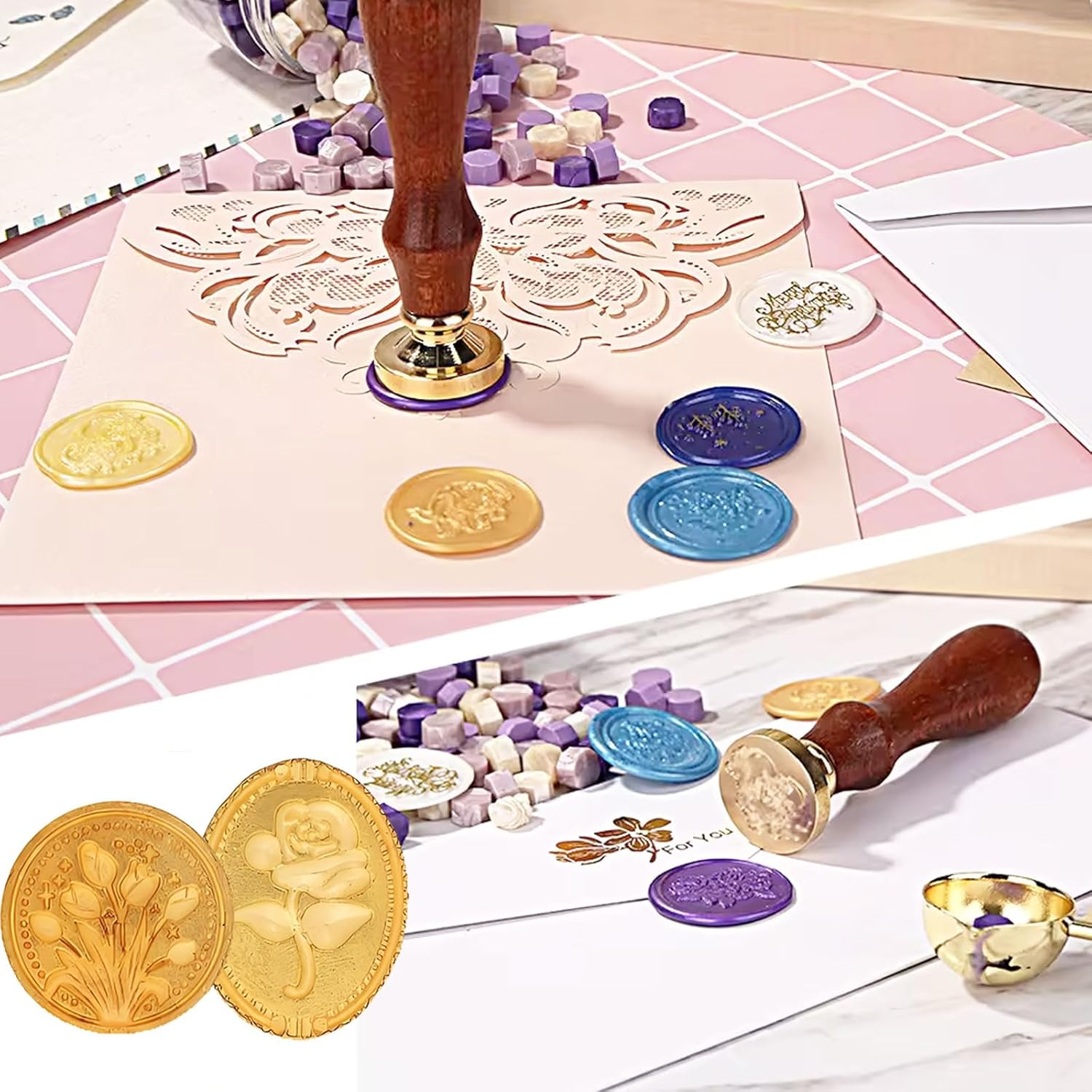 Mytoau12Pcs Wax Seal Stamp Set,12 Styles Sealing Wax Stamp Heads & 1 Pcs Brown Wooden Handle,Vintage Brass Head Sealing Stampers Various Patterns for Envelopes Invitations Cards Gifts Decoration image number 1