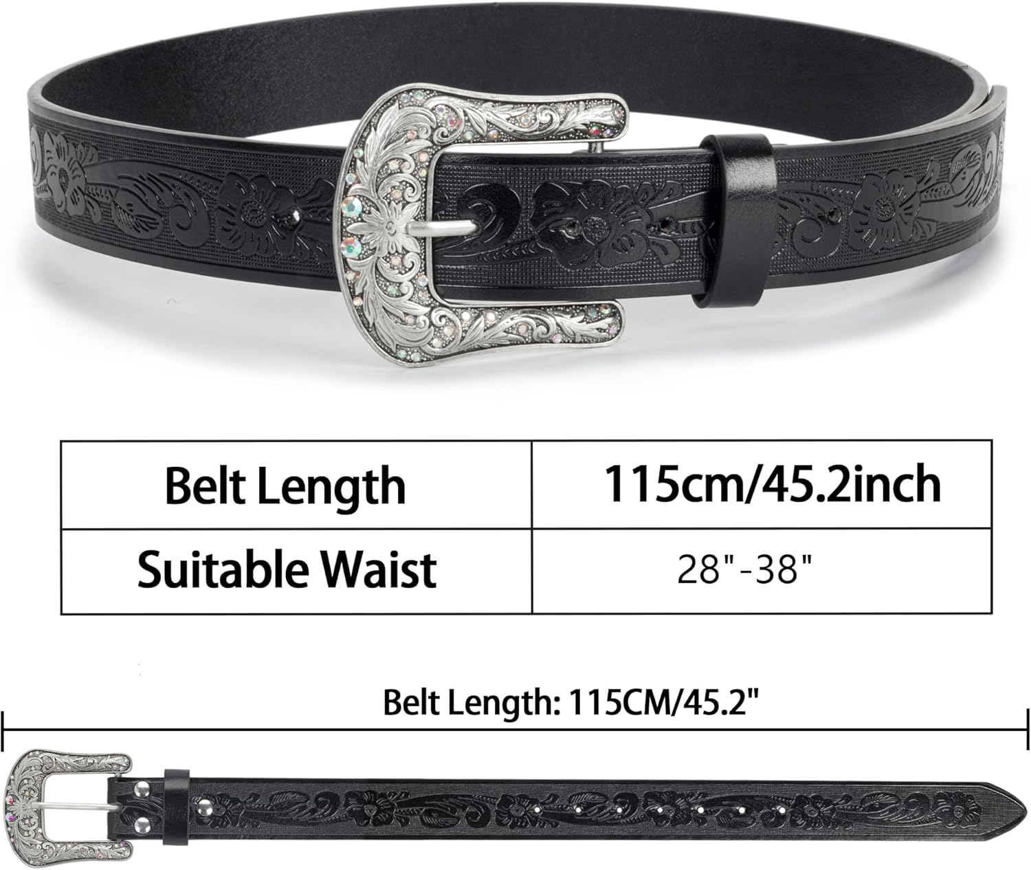 Women Vintage Western Cowboy Belts - Pu-Leather Western Engraved Bling Belt Buckle Cowgirl Waist Belt for Jeans Pants Dresses image number 4