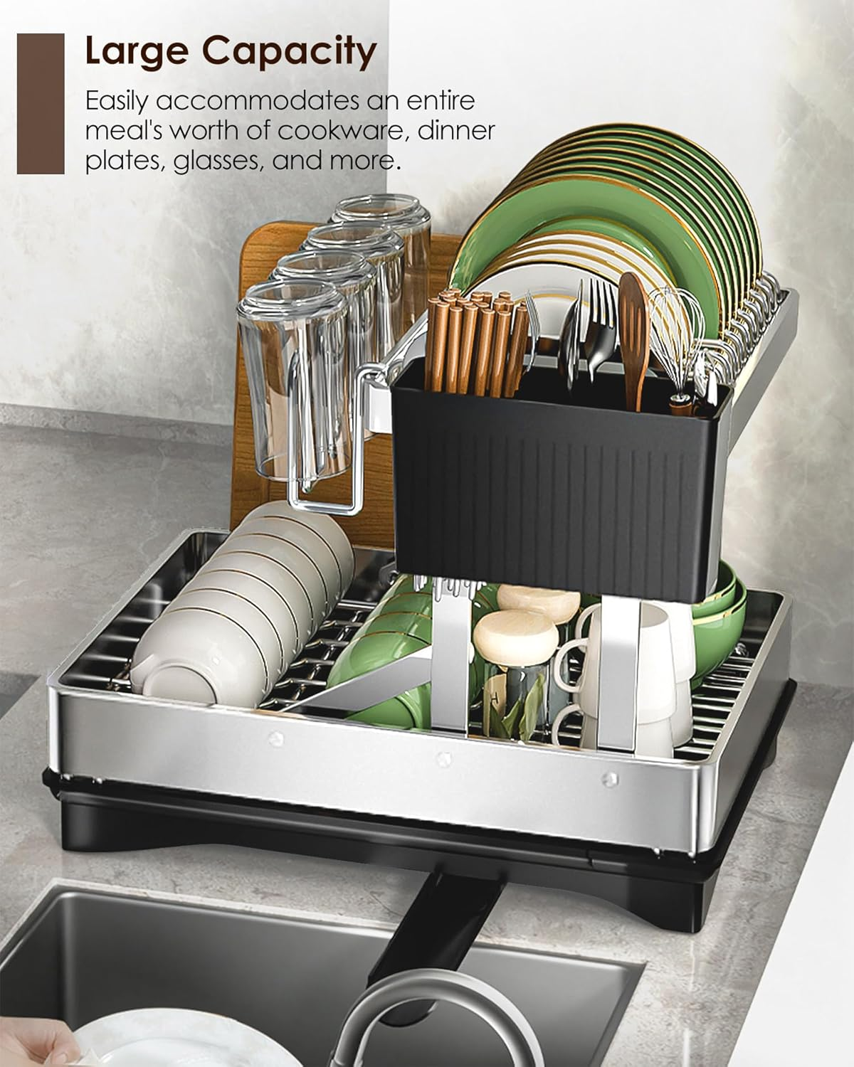 Dish Drying Rack, Multifunctional Dish Rack for Kitchen Counter, 2 Tier Collapsible & Stainless Steel Dish Drainer, Kitchen Drying Rack Equipped with Tableware Racks and Cup Holders