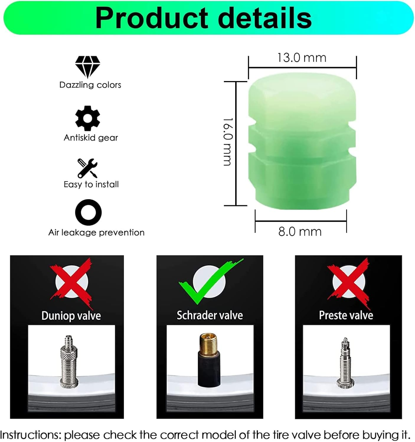 Dust Caps for Car Tyres, 12 PCS Universal Fluorescent Tire Valve Caps, Glow in the Dark Tyre Dust Caps for General Cars Truck Suvs Motorcycles Bike Wheel image number 3