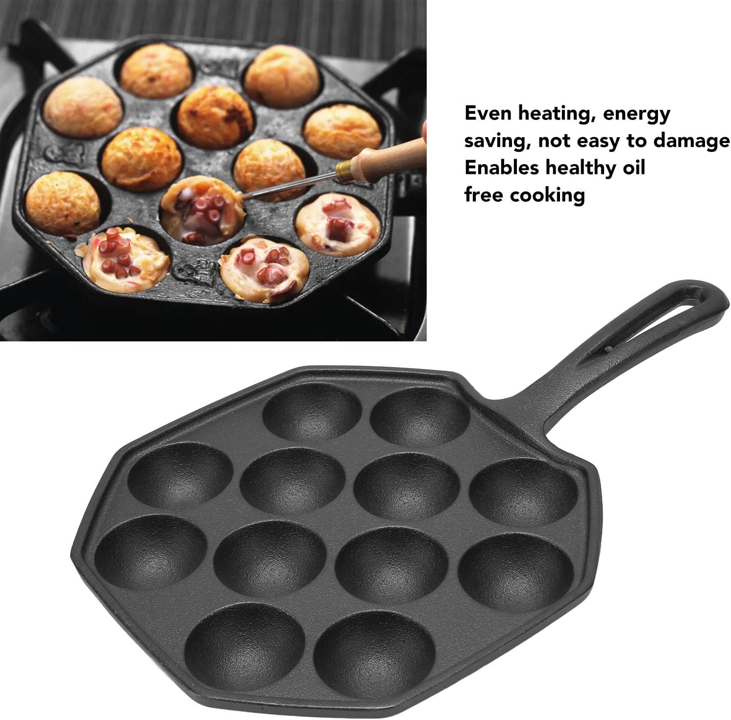 Omabeta 1PCS Cast Iron Takoyaki Pan with 12 Grid Skillet, 18Cm/7.09In Dia. Nonstick Takoyaki Maker with Long Handle for Cooking Omelets Bacon Burgers Pancakes Breakfast,Octopus Meatballs Frying Pan image number 2