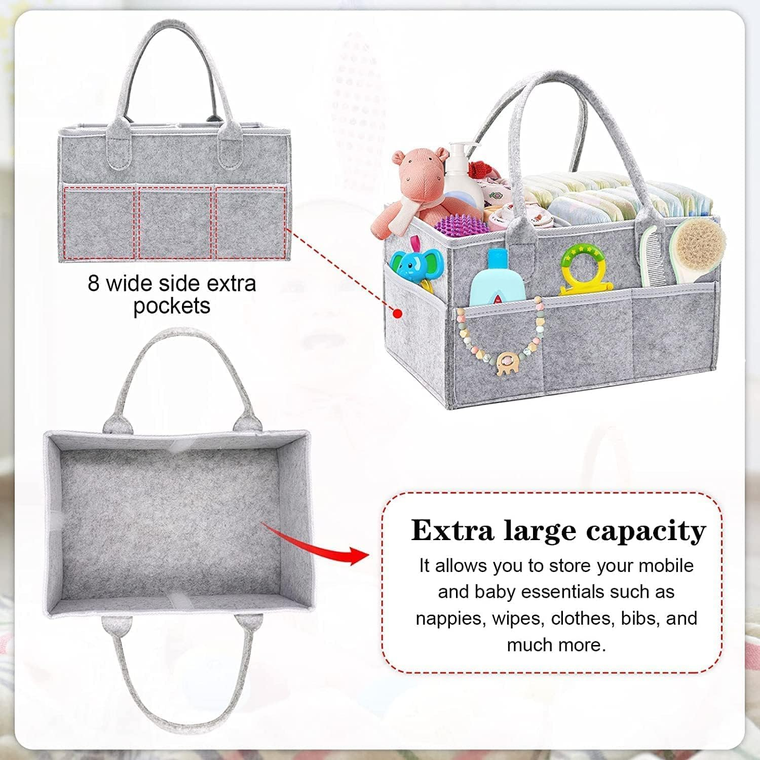 Peacafulife Baby Nappy Caddy Organiser, Multifunctional Upgrade Felt Newborn Baby Diaper Caddy Nursery Portable Storage Wipes Bag Detachable Paste Dividers Nappy image number 5