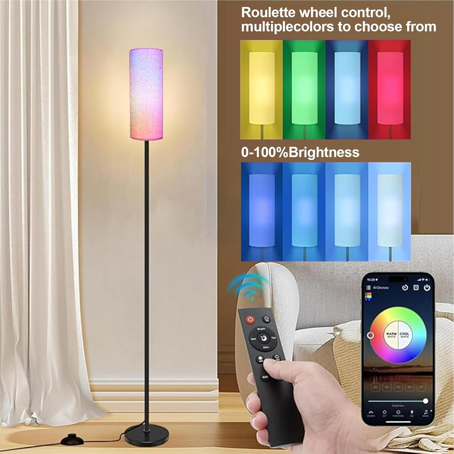 TNGAMFGT Floor Lamps for Living Room, 9W RGB LED Bulb, Standing Floor Lamp for Living Room Bedroom Office Corner, Dimmable 3 Color Temperature Floor Lamp with Remote Control, Foot Switch, Beige Shade image number 5