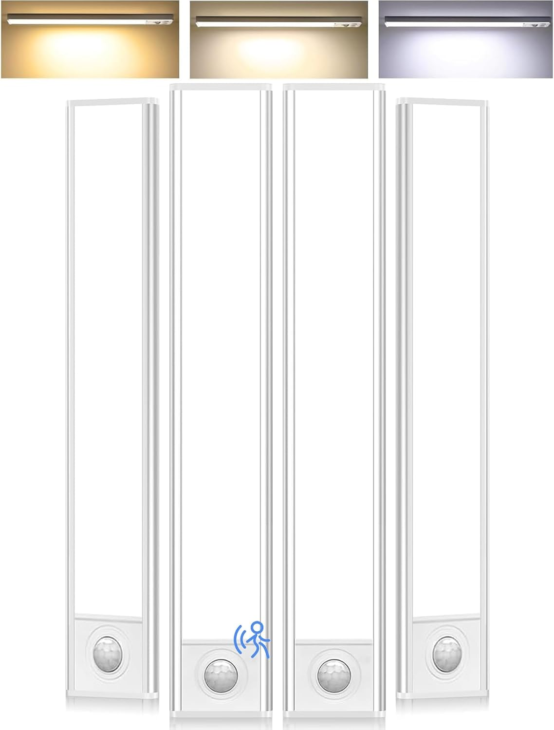 Under Cabinet Lighting, 4Pack Motion Sensor Light Indoor with 3 Color Temps, Wireless USB Rechargeable Led Light Bars, Sensor Night Lights for Cabinet, Kitchens, Bedrooms, Hallways (20CM White)