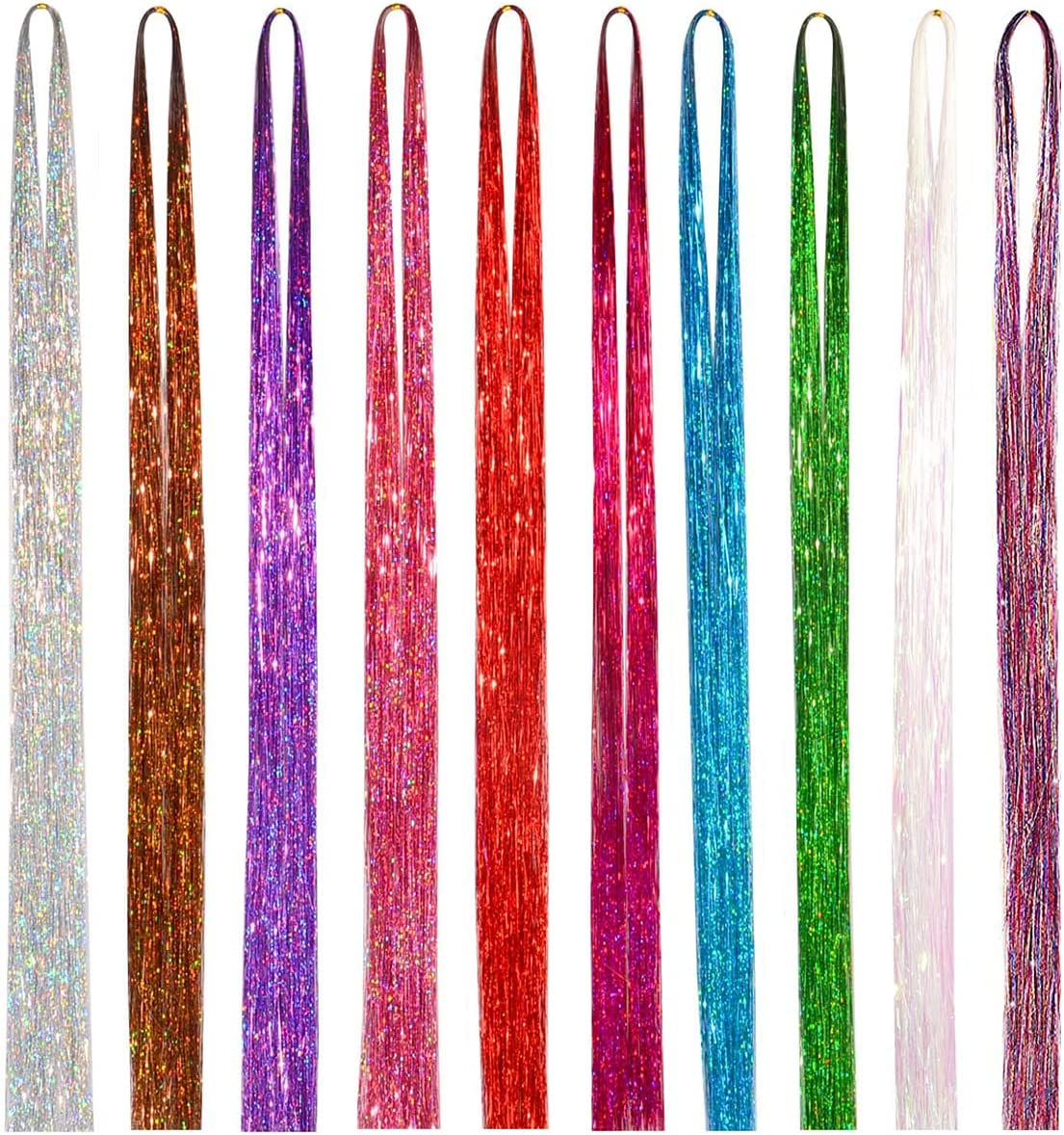 Hair Tinsel, 10 Colors Sparkling Fairy Hair Tinsel Strands for Party Styling (36 Inch - 150 Strands/Color)