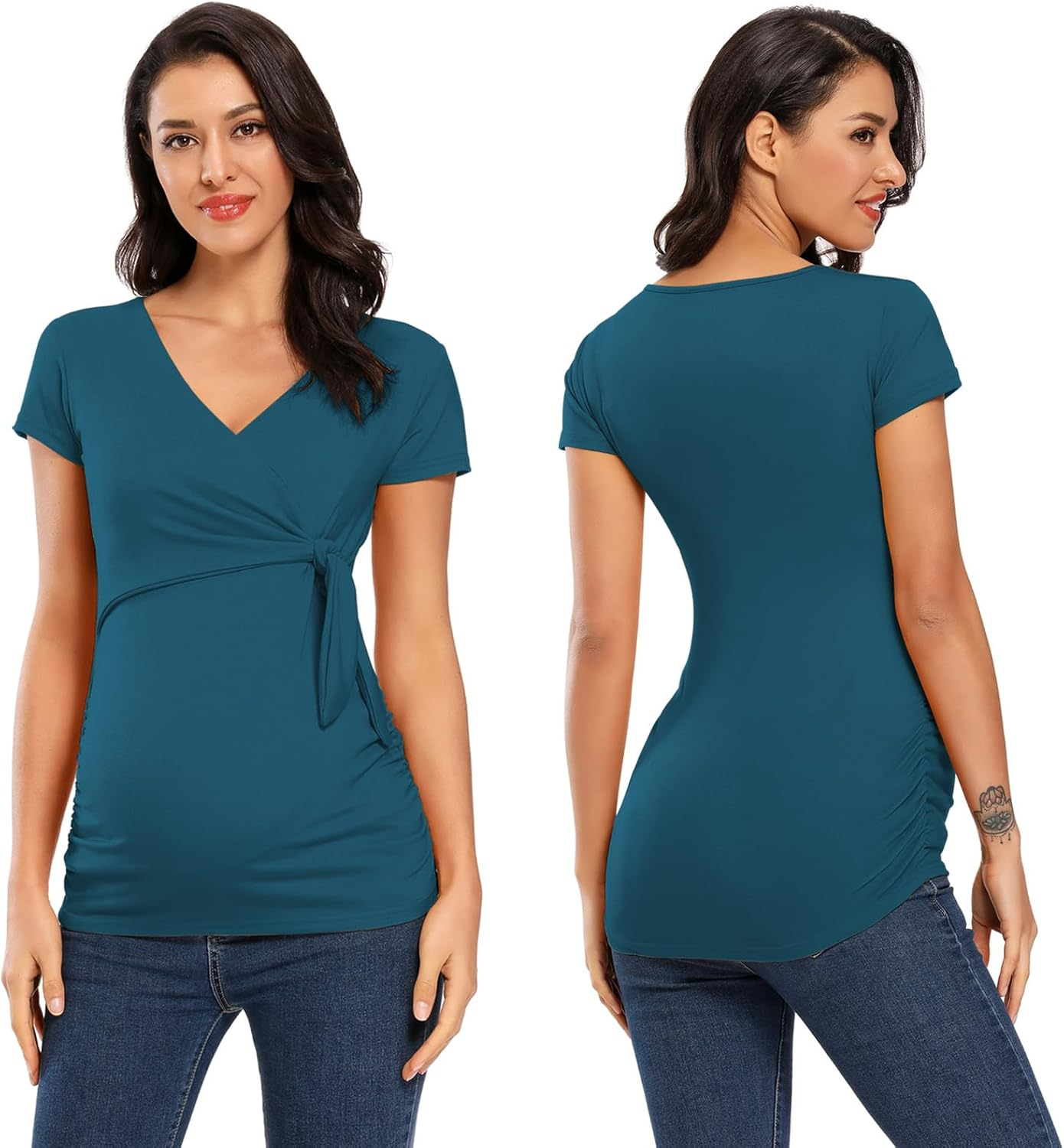 Ecavus Women'S Maternity Shirts 3 Packs Short Sleeve Tie Front Wrap Nursing Tops V Neck Pregnancy Clothes image number 6