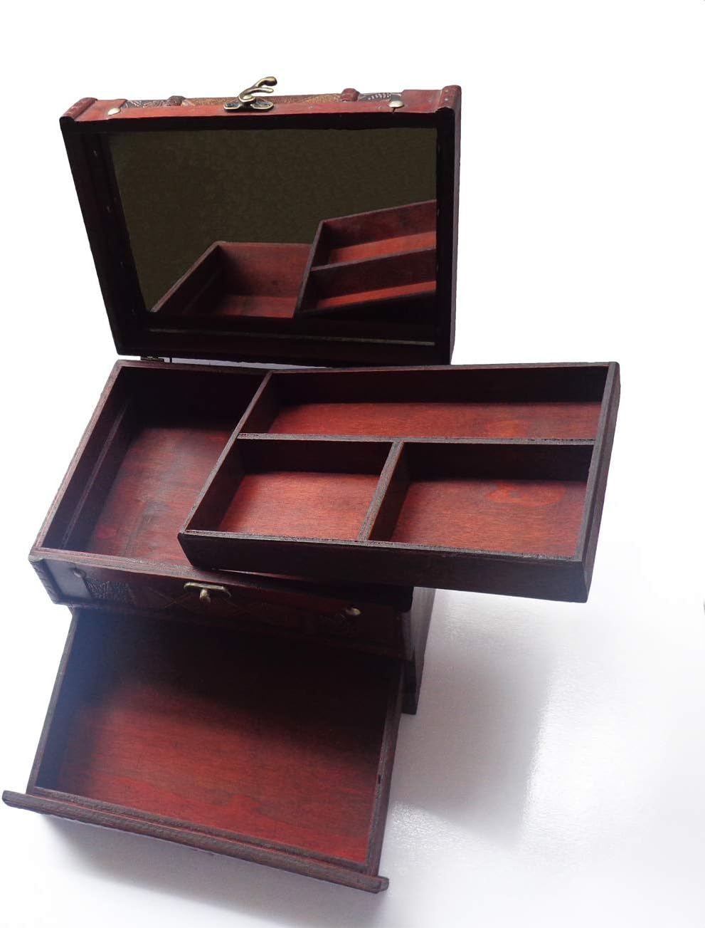 ISOTO Retro Vintage Wooden Jewelry Box Storage Box Organizer Container Case Chest Trinket Box with Mirror for Gilrs Girlfriend Women for Mother'S Day 22 * 16 * 16Cm (Style 1) image number 1