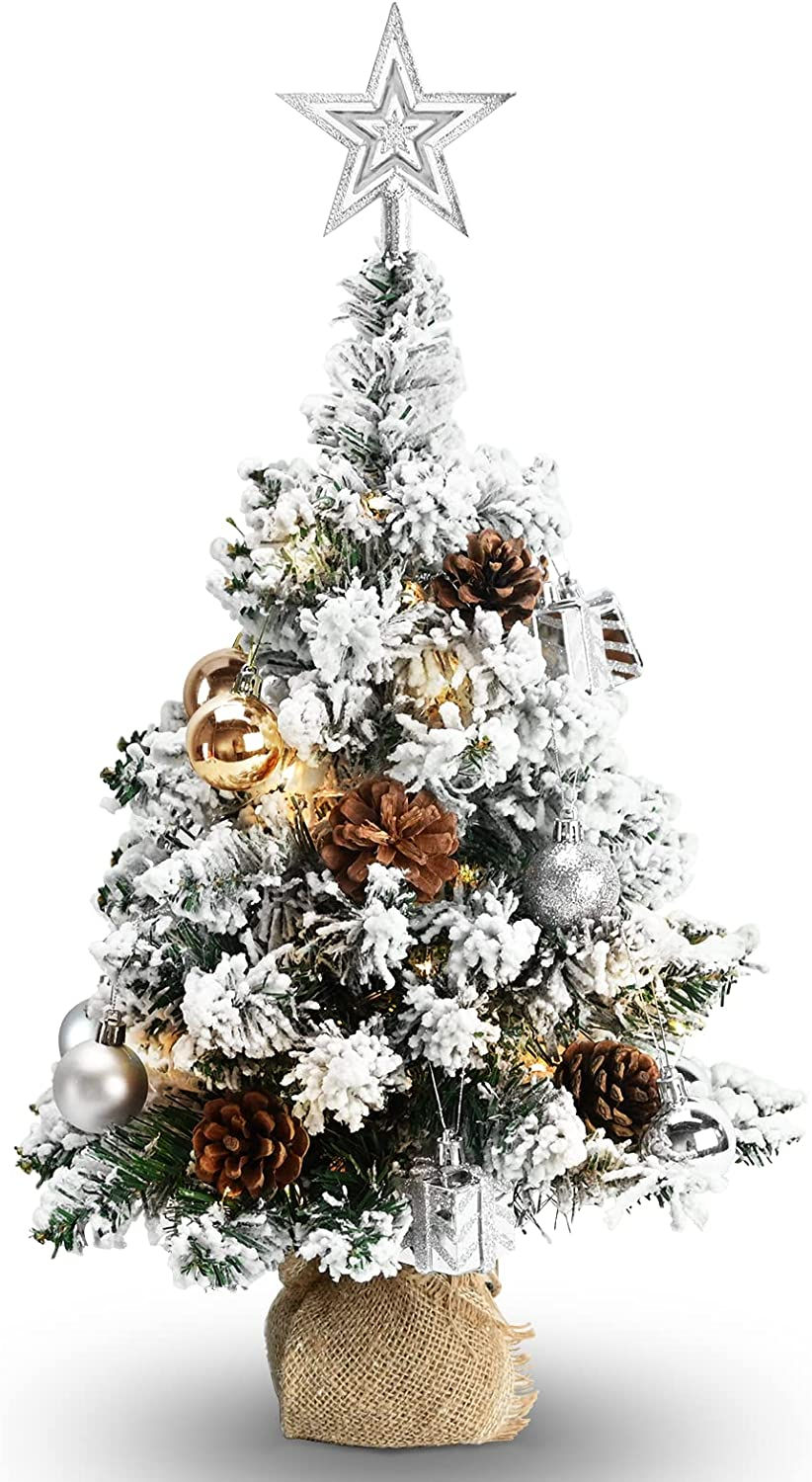24 Inch 2FT Snowy Mini Christmas Tree, Small Tabletop Flocked Tree with LED Lights, Pine Cones, Balls, Star Tree Topper, Mini Gift Box and Cloth Bag Base, Xmas Decorations (Mini Christmas Tree) image number 2