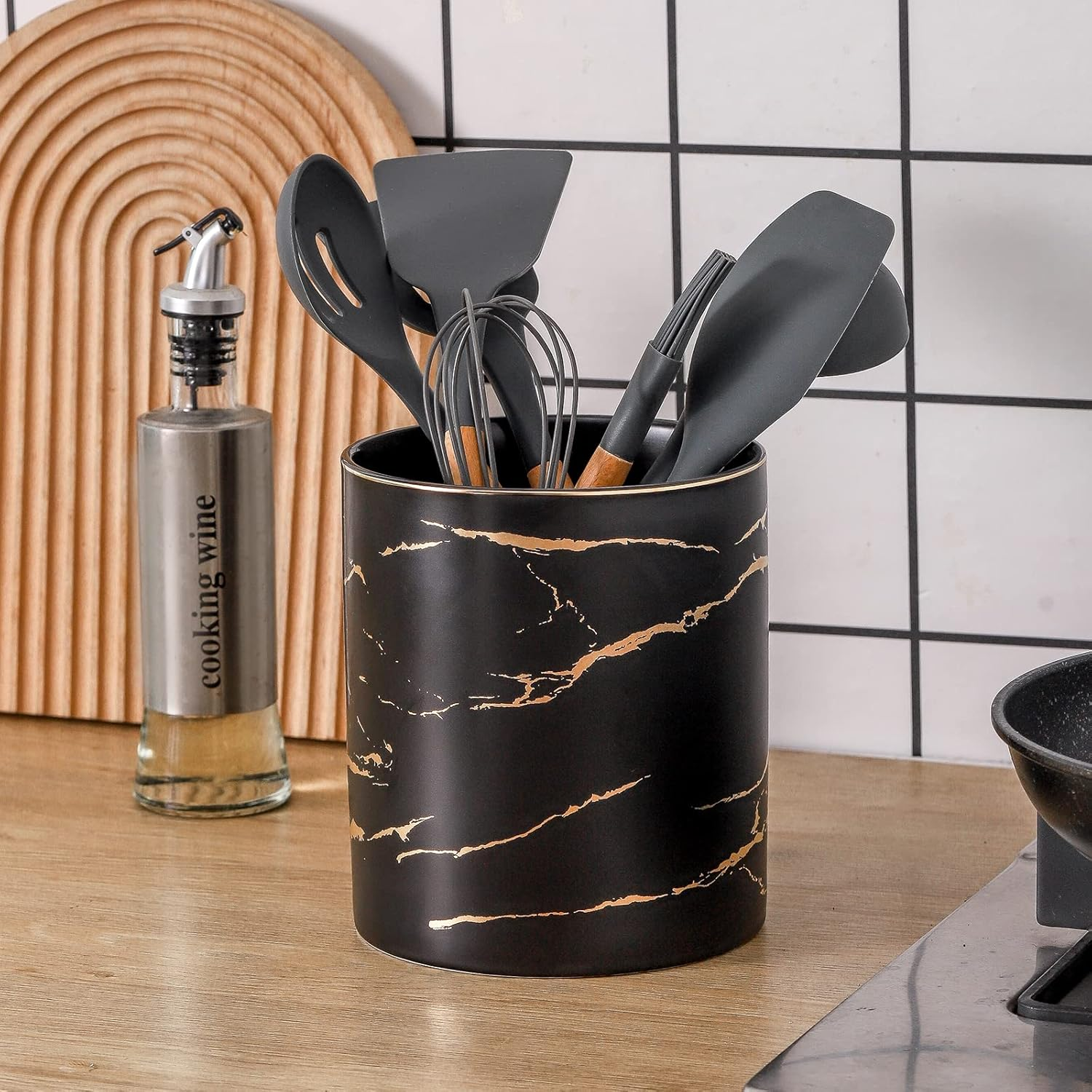 7.2 Inch Large Utensil Holder for Kitchen Counter, Golden Marble Utensil Crock Spatula Holder for Countertop Cooking Tools Storage Caddy Farmhouse Kitchen Decor (Marble-Black) image number 3