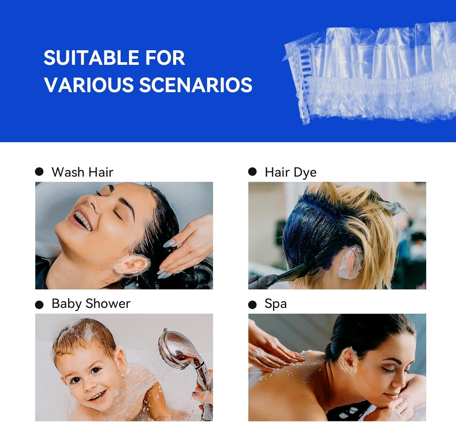 Disposable Ear Covers for Shower - Waterproof Plastic Ear Covers Ear Shower Caps, Bath Ear Covers Protectors for Hair Dye Cap Hair Dryer (100 Pcs) image number 4