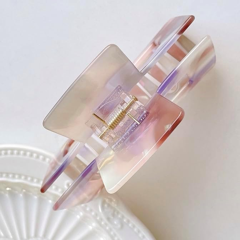 2PC Large Rectangular Hair Claw Clip for Thick Hair - Marble, Opal, Multicolour Design (Marble Pink & Dark Leopard) image number 1