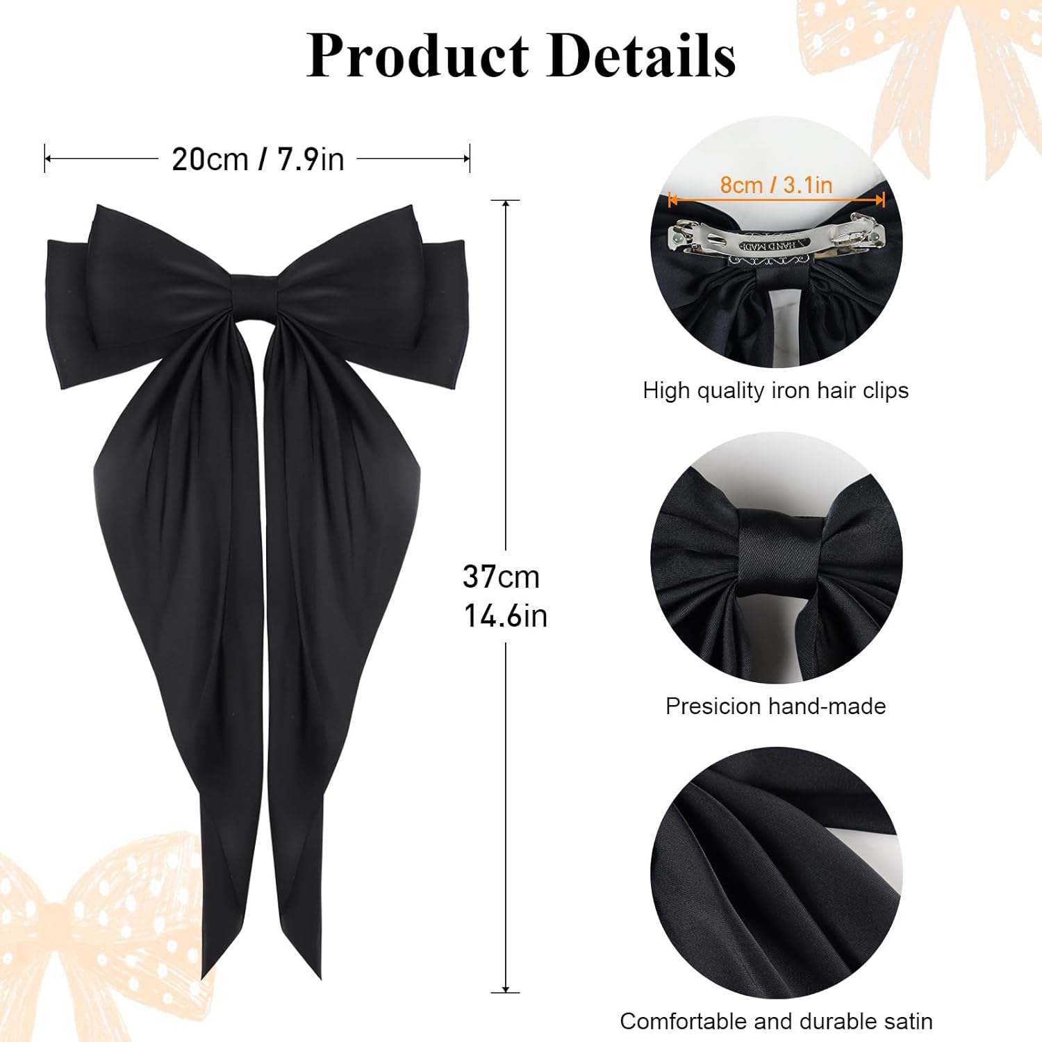 Blooms Big Bow Hair Clip, Satin Hair Bows for Girls Women White Black Hair Bow Clip Solid Color Hair Ribbon 2 Pcs Long Silky Bows for Hair French Barrettes Stylish Hair Accessories for Party, Wedding image number 3