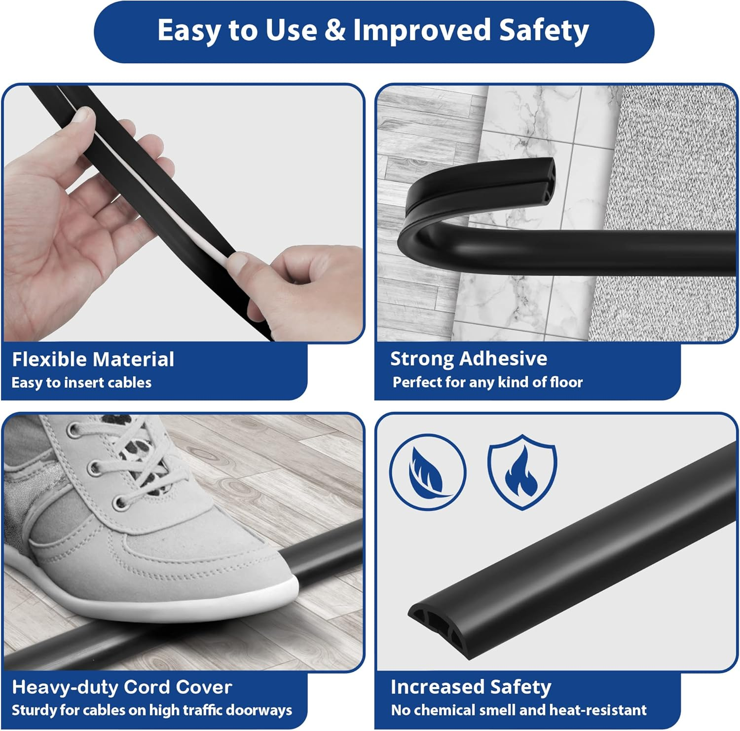 Floor Cable Cover, 4Ft, Black Wire Cover for Floor, Prevent Cable Trips & Protect Wires, Floor Cord Cover - Cord Cavity - 0.39" (W) X 0.24" (H) image number 4