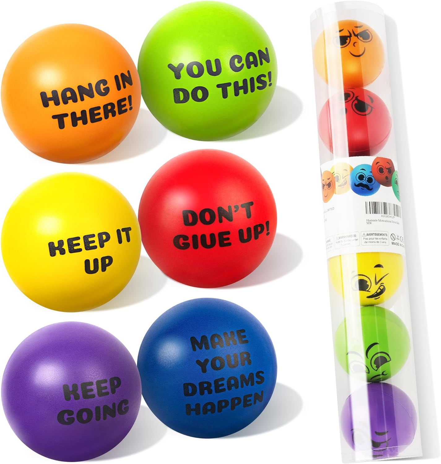 6Pcs Motivational Stress Balls for 3+ Kids and Adults, Inspirational Stress Relief Balls Hand Exercise Therapy Ball Set, Double Sided Colorful Foam Stress Ball with Positive Quotes and Smiles image number 2