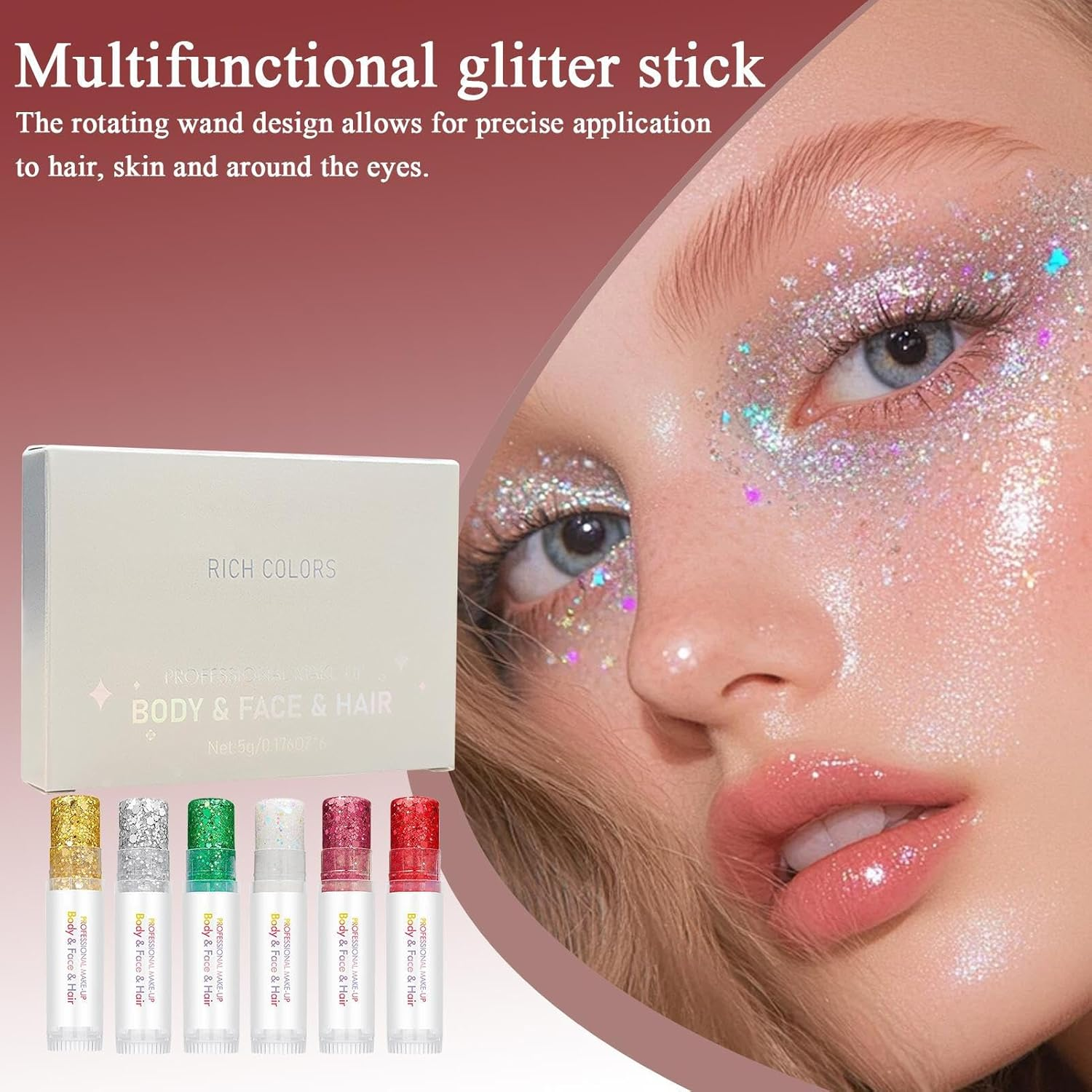 Body Glitter Gel | 6 Colors Sparkling Stick | Glitter Makeup - for Festival Party Halloween Carnival Music Event Christmas Fairy Theme image number 6