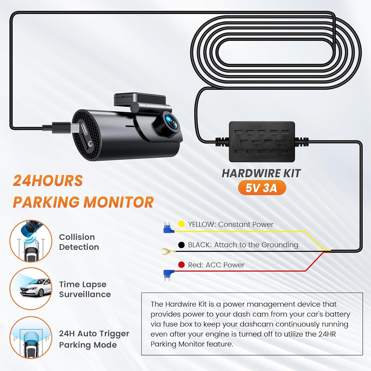 Dash Cam Hardwire Kit, GKU Type C USB Hard Wire Car Camera Charger Cable Kit,12V- 24V Car Dash Camera Charger Power Cord with Battery Drain Protection image number 2