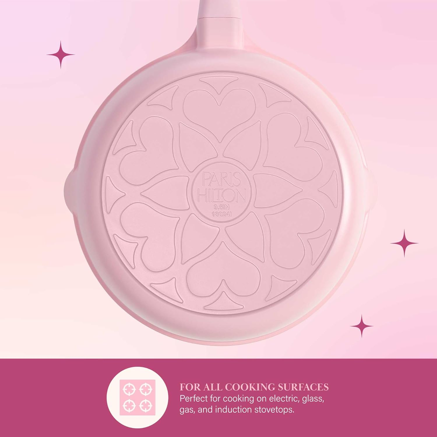 Paris Hilton Ceramic Nonstick Cookware Set, Cast Aluminum with Dual Layer Nonstick Coating, Gold Heart Knobs, Stay-Cool Handles, Made without PFAS, PFOA, PFOS & PTFE, Dishwasher Safe, 10-Piece, Pink image number 4