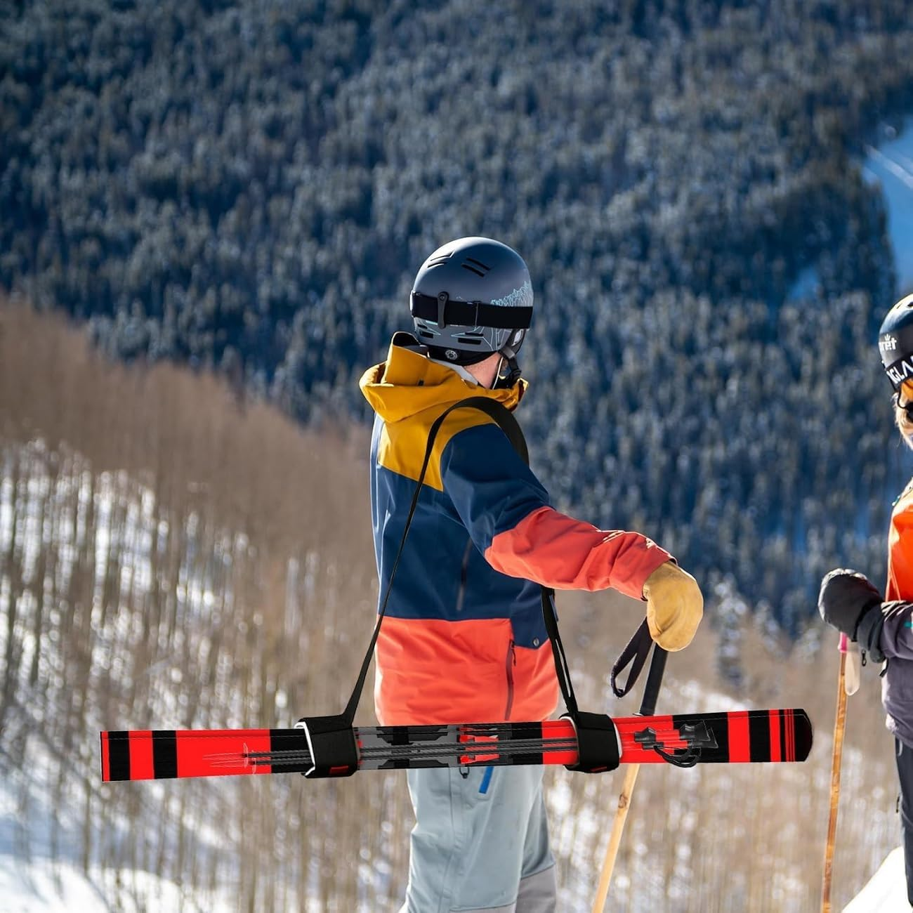 WADY 2 Pack Ski Carrier Strap & Pole Carrier, Adjustable Shoulder Strap with Cushioned Fastener Tape, Ergonomic Ski/Snowboard Lash Belt for Hands-Free Carrying (Black) image number 1