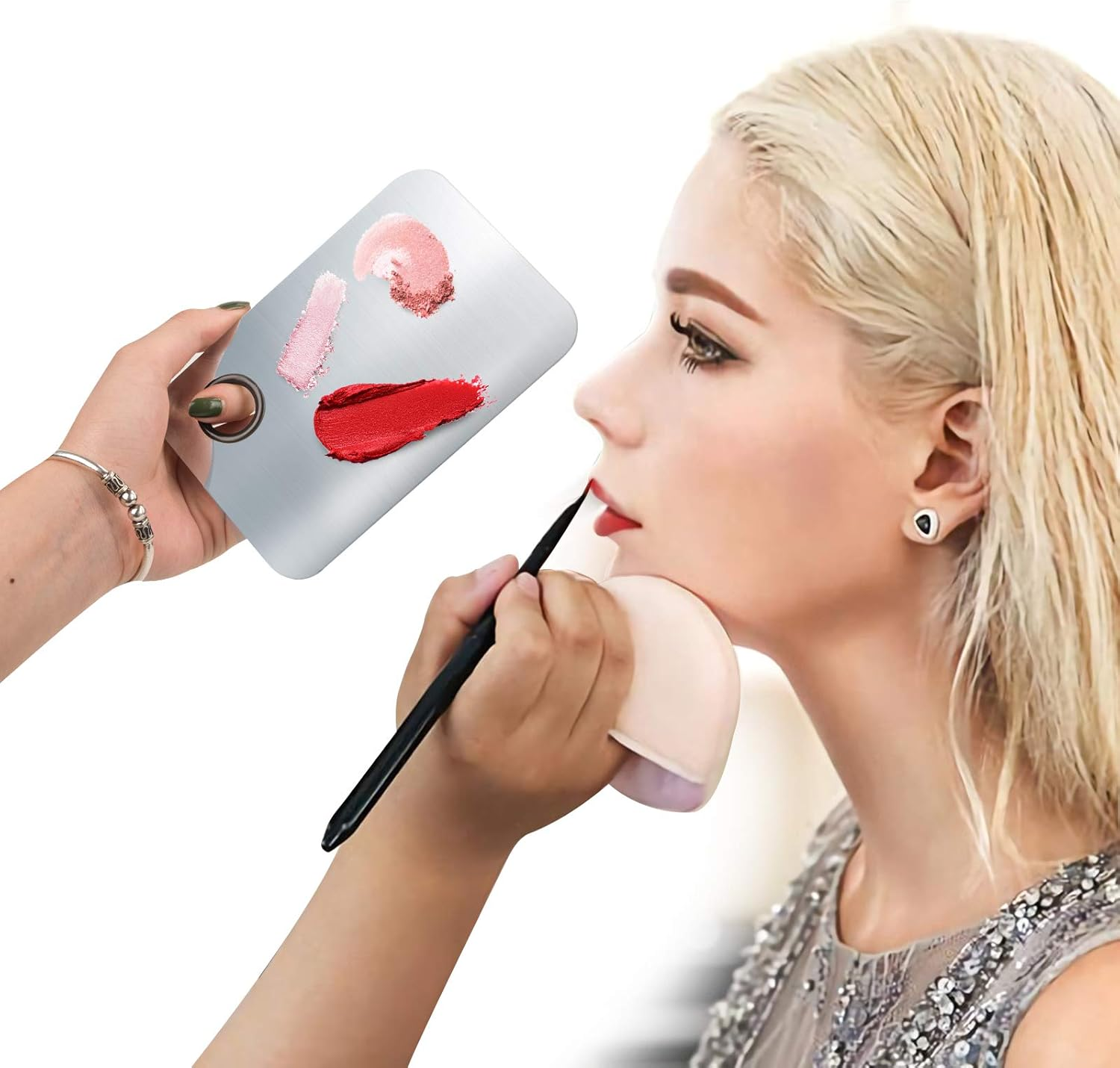 2 Pcs Makeup Mixing Palette, Upgrad Stainless Steel Metal Foundation Palette with Spatula Artist Tool for Mixing Foundation Nail-Art 5.9X3.9 In