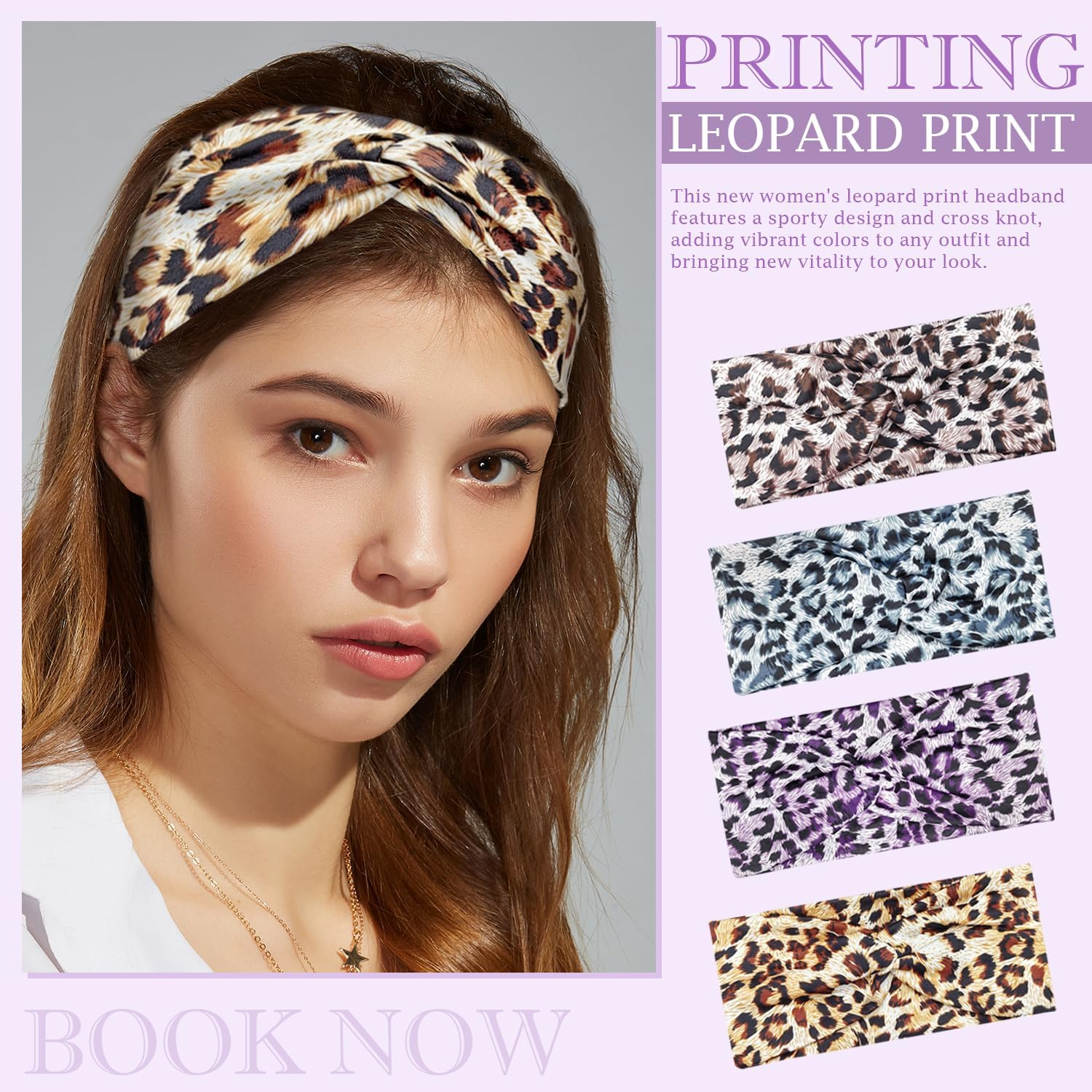 4 Pcs Headband, Headbands Print Leopard Headbands Wide Bandanas Accessories Hairband for Women Girls Knotted Head Bands for Adult Women Hair Suitable for Yoga Cycling Pilates Running