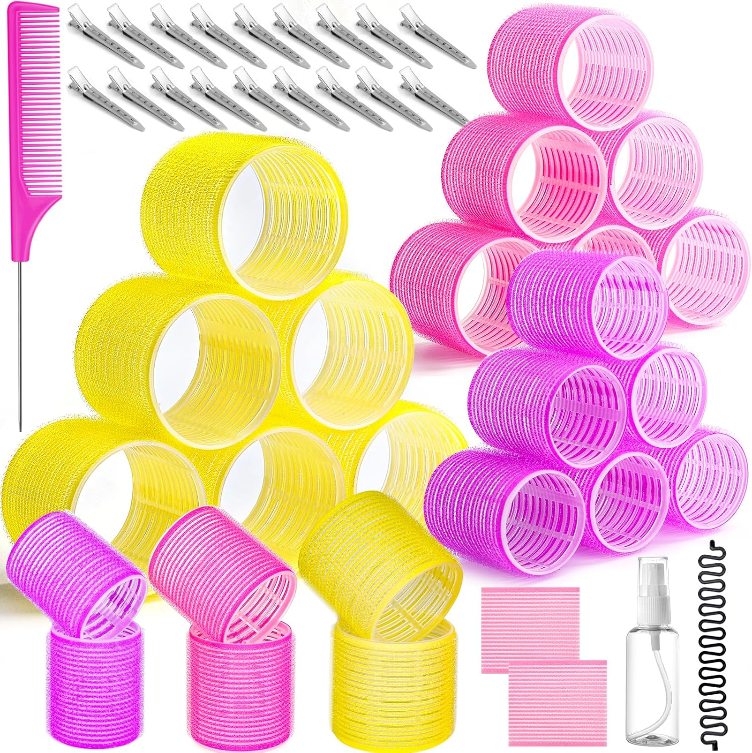 39PCS Self Grip Hair Rollers Curlers 3 Sizes Black Hair Roller 2.5In, 1.9In, 1.4In, Jumbo Curlers Roller with 12PCS Duckbill Clips Hair Rollers for Long Medium Short Thick Fine Volume Bangs