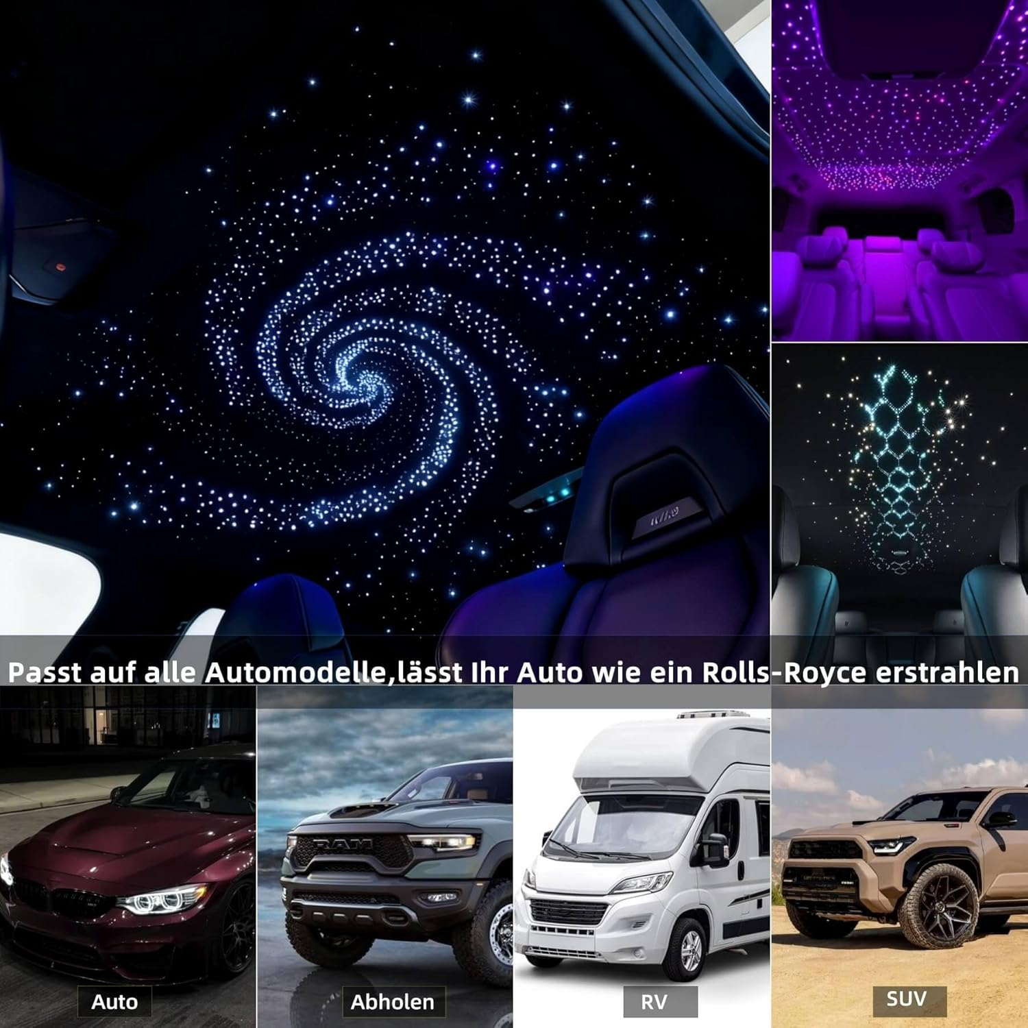 Starry Sky Fibre Optic Light for Car, 300 Pieces, 2 M, 0.75 Mm Fibre Optic Cable Star Ceiling Lights Kit, Bluetooth APP/RF Remote Control, RGBW Fibre Optic Light, Music Synchronization, Timing And