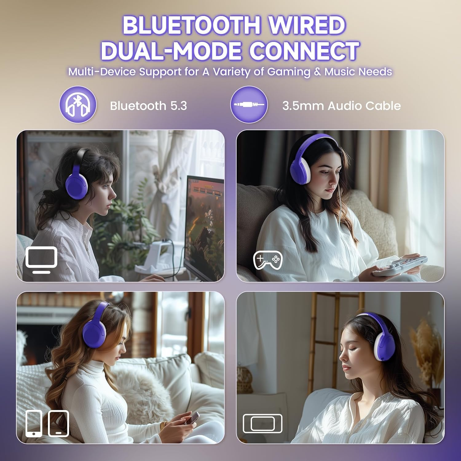 Lexonelec X Attack Shark G300 Wireless Active Noise Cancelling Headset, Bluetooth 5.3 Deep Bass HD Stereo Sound over Ear, 20H Playtime, Built-In Mic Lightweight Design 3.5Mm Gaming Headset(Purple) image number 2