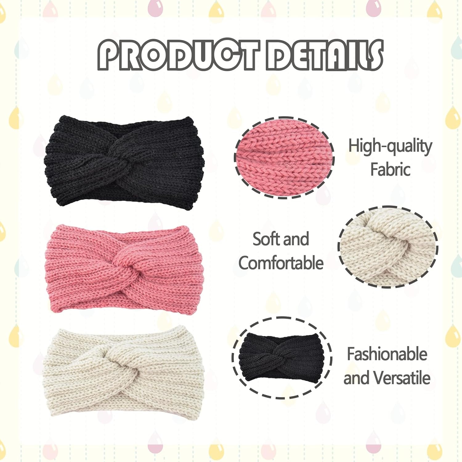 Pack of 3 Women'S Winter Headbands, Girls, Hair Band, Girls' Elastic Crochet Fleece, Warm Headband for Outdoor Sports (Black, Pink, Beige) image number 2