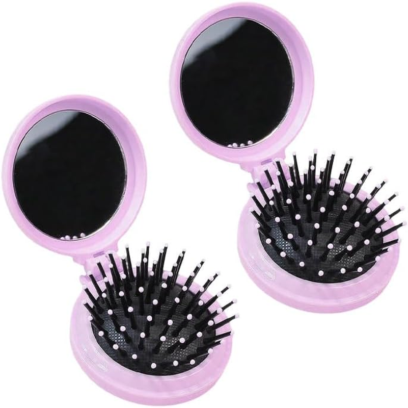 2Pcs Mini Foldable Hair Brush, Scalp Massage Function round Pocket Hair Brush for Travel, Home, and Office Use (White)