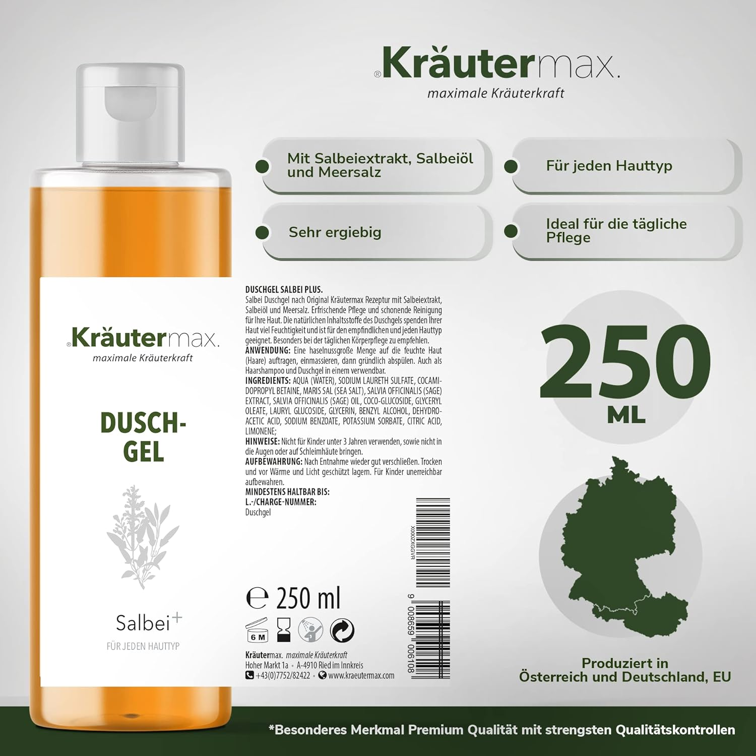 Kr&auml;utermax. Sage Shower Gel with Oil Extract Liquid Also Shampoo and Soap 250 Ml image number 1