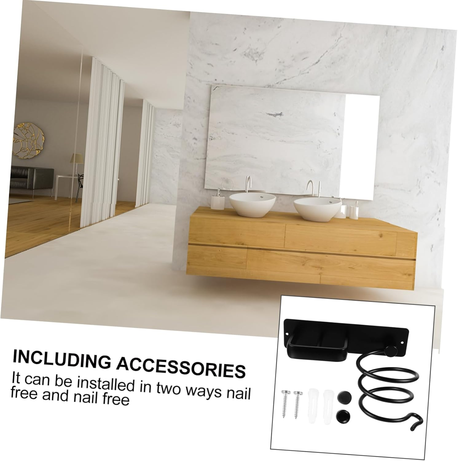 WOONEKY Space Aluminum Hair Dryer Bracket Wall-Mounted Organizer Easy to Assemble for Bathroom