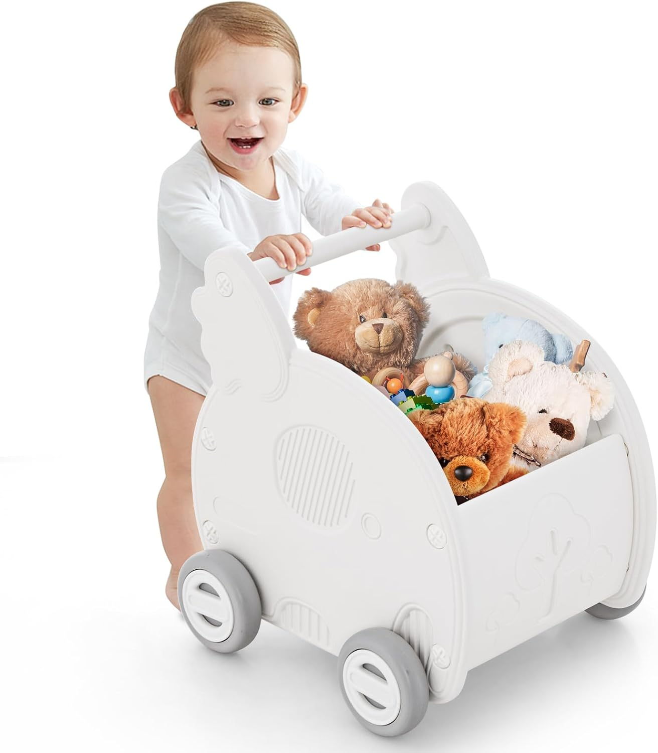 HONEY JOY Baby Walker Push Toy, 4-Wheel Toddler Toy Cart Elephant Shape, Cute HDPE Kids Push Toy W/Wheels & Handle, Baby Push Walker for Boys Girls of 3+ Years Old, White image number 1