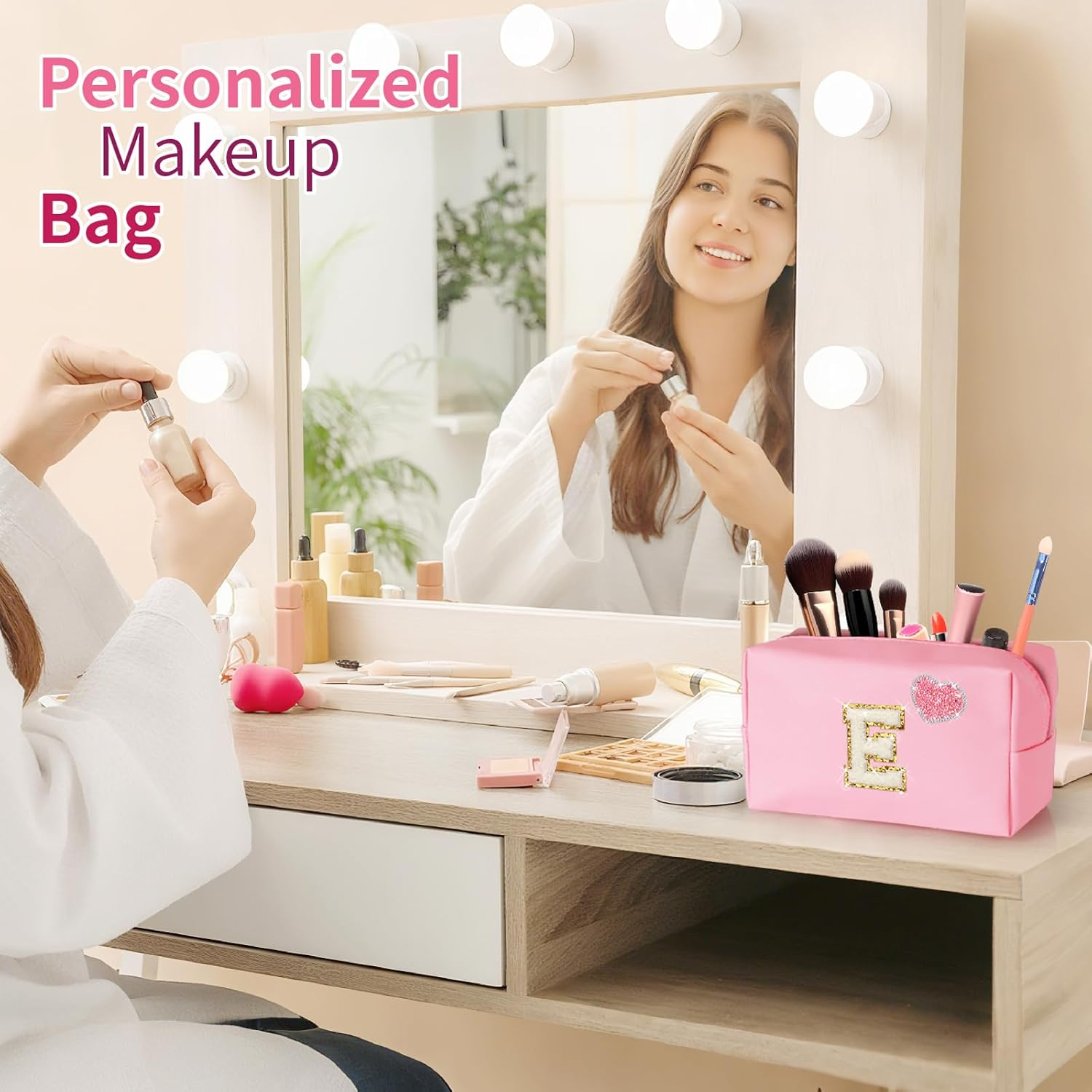 YILANCOL Personalized Initial Makeup Bag with Bling Heart Preppy Cosmetic Bag Cute Toiletry Travel Bag for Teen Girls Women Letter Makeup Pouch Purse for Holiday Birthday Christmas Gifts, Pink image number 4