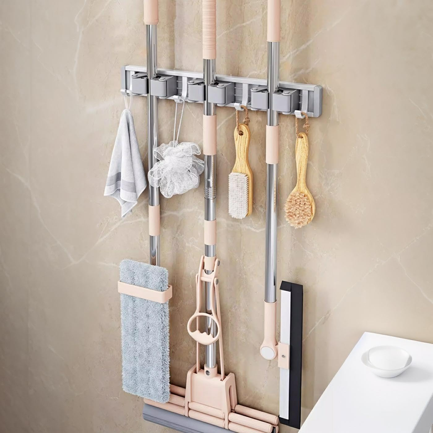 Broom Mop Holder Wall Mounted Broom Hanger Garage Organizer Storage Tool Racks Garage Storage Garden Kitchen Tool Organizer for Home Kitchen Garden Laundry（ 3 Racks 4 Hooks ） (Silver White)