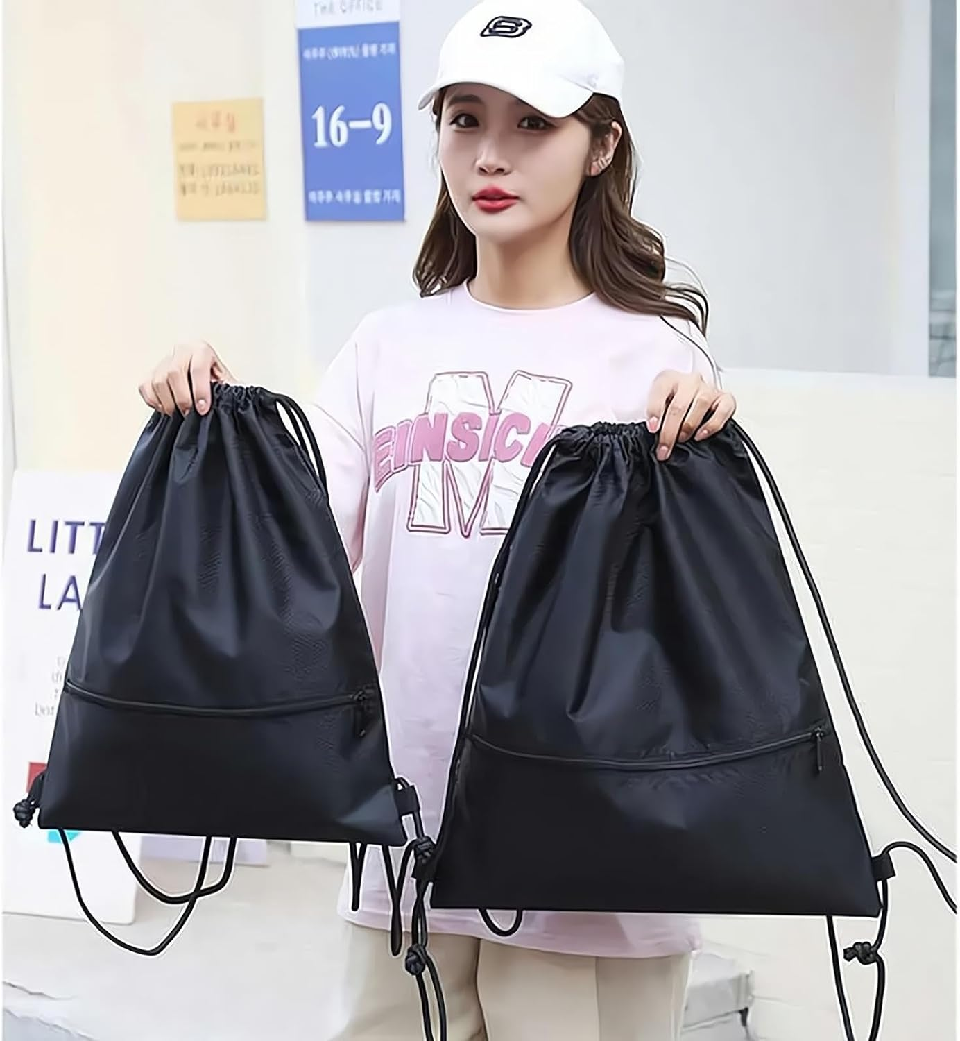 Zippered Drawstring Backpack Water Resistant Lightweight Gym Sack for Sports, Yoga, Hiking & Travel, Swim Gear with Front Pocket & Inner Pocket, Durable Sackpack for Shopping, Outdoors image number 3