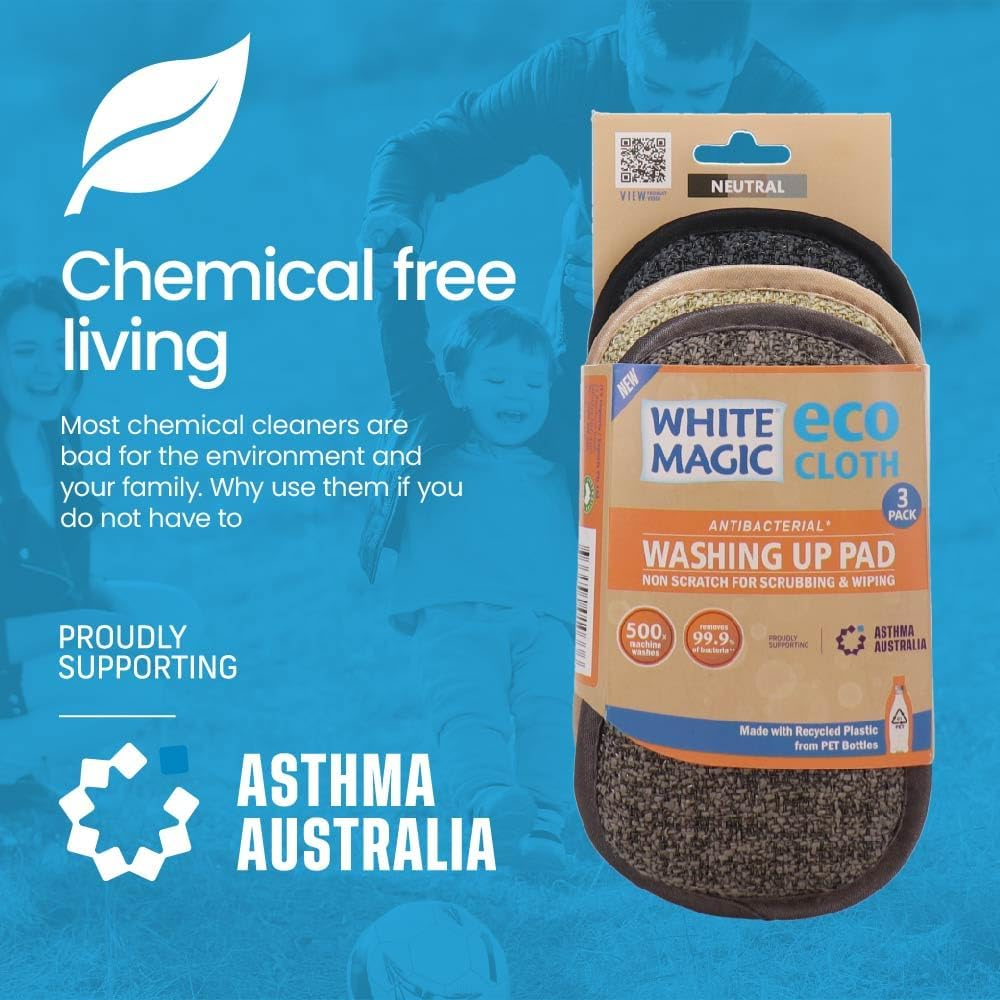 White Magic Eco Cloth Washing up Pad 3 Pack, Neutral - Double-Sided, Non-Scratch for Tough Messes & Gentle Cleaning, Machine Washable, Multi-Purpose Scrubbing Pads for Dishes & Surfaces image number 1