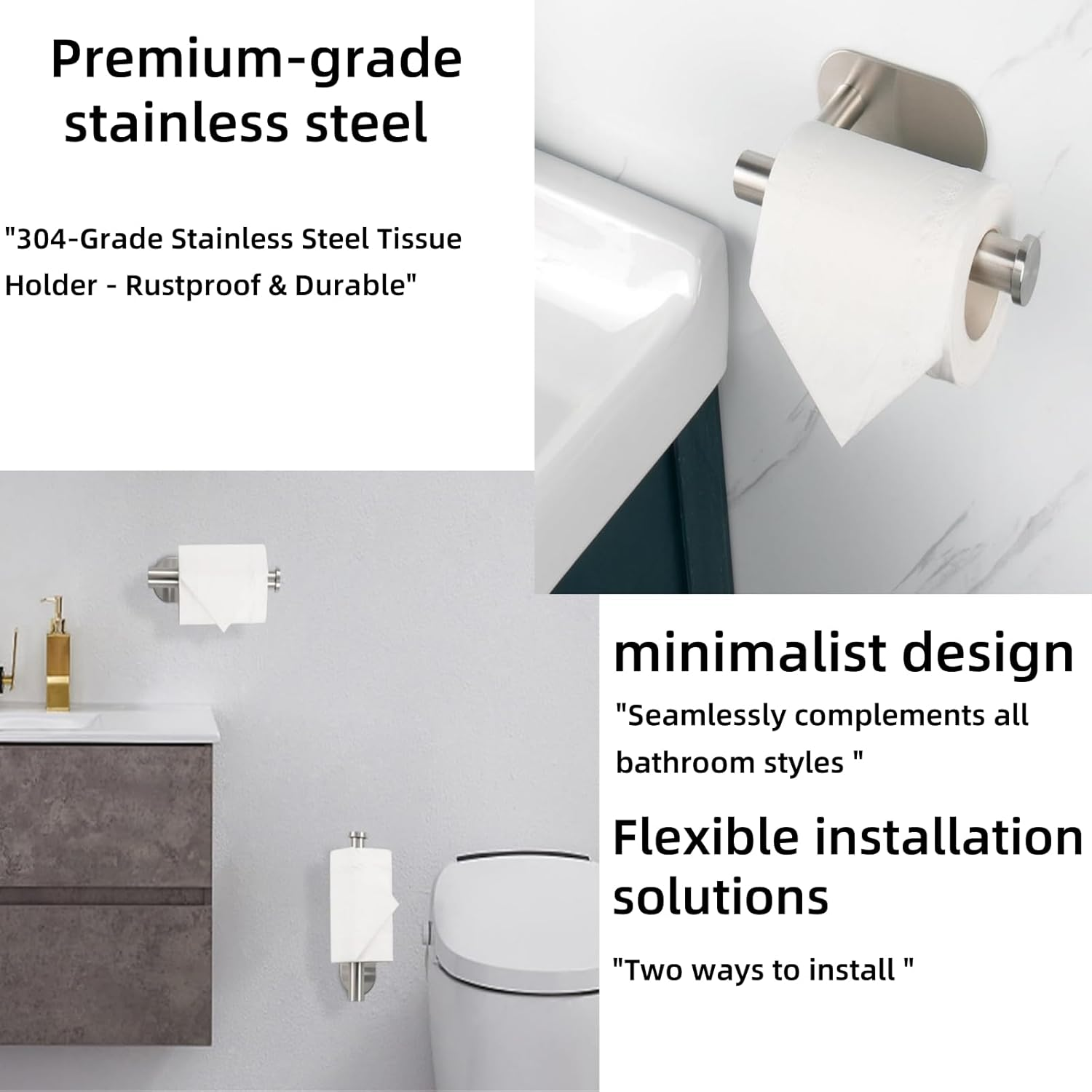 Toilet Paper Holder Self Adhesive - Kitchen Washroom Adhesive Toilet Roll Holder No Drilling for Bathroom Stick on Wall Stainless Steel Brushed (Sliver) image number 1