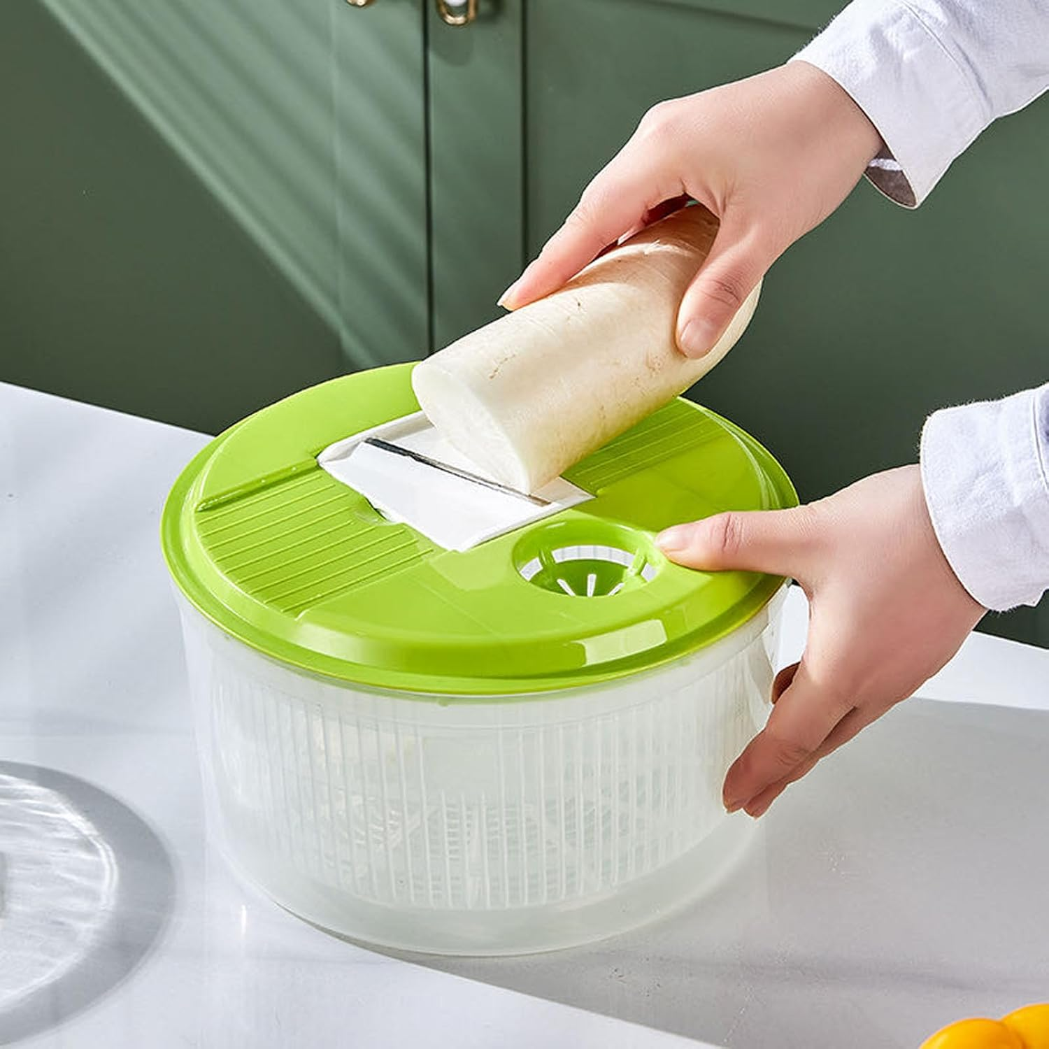Salad Spinner Large, Vegetable Spinner Dryer Spinning Colander Vegetable Spinner Lettuce Dryer Spinner Easy to Clean Salad Spinners with Drain, Bowl, Colander, Salad Cutter Bowl, Grinder (Green) image number 5