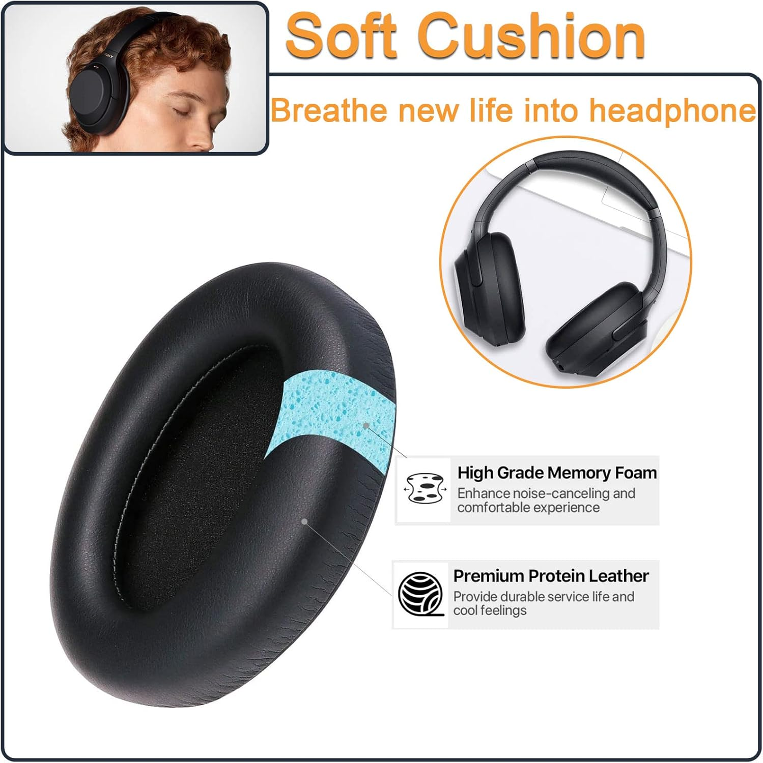 Earpads Cushions Replacement for Sony WH-1000XM3 Over-Ear Headphones, Compatibel WH1000XM3 Ear Pads with Softer Protein Leather, Noise Isolation Memory Foam