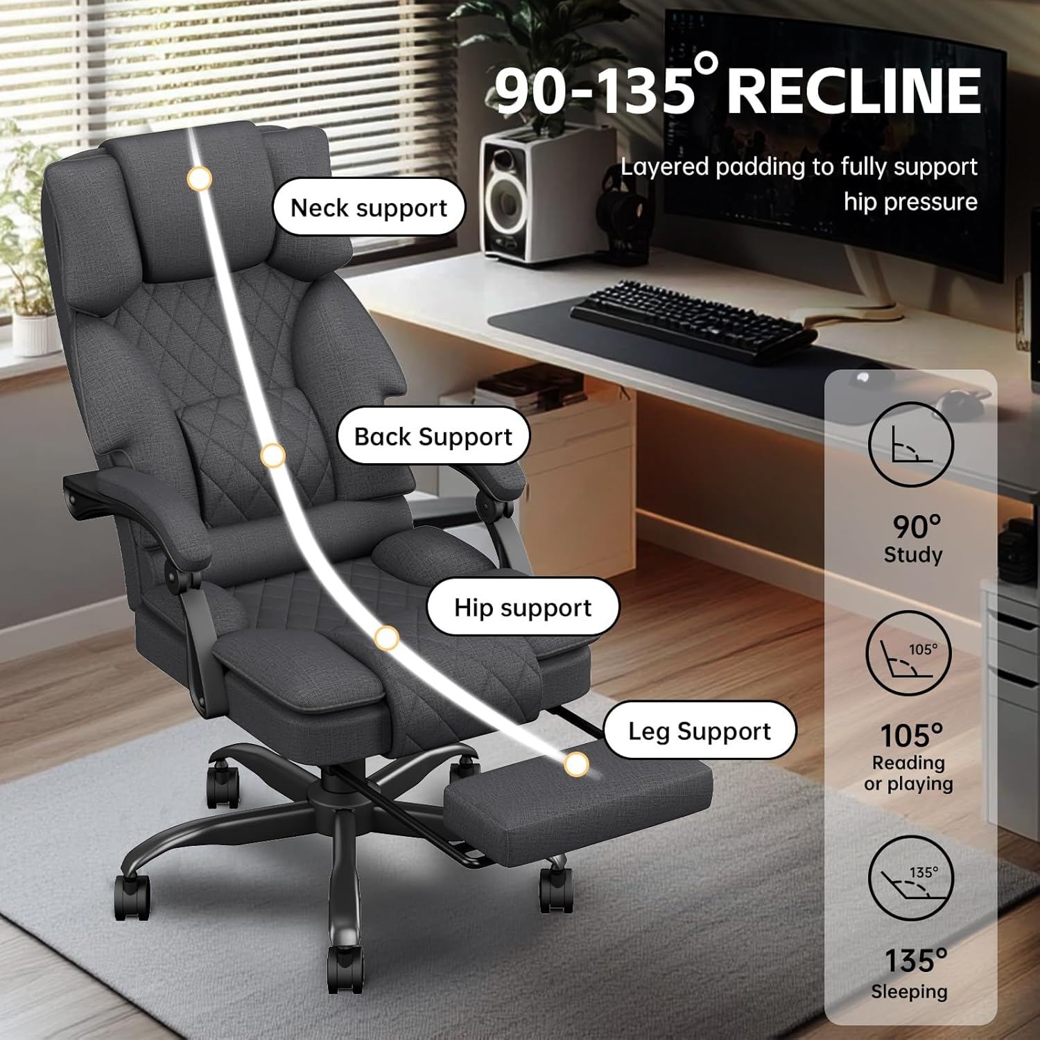 Ergonomic Office Chair, Big and Tall Computer Chair for Adults with Footrest, Fabric Desk Chair with Lumbar Support & Luxury Executive Recliner, High Back, 350LBS, Dark Grey - Deep Grey image number 4